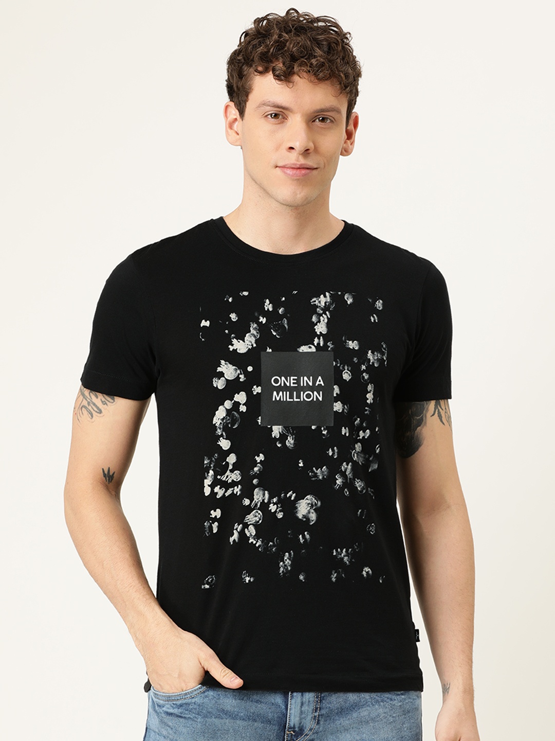 

Flying Machine Men Black Slim Fit Printed Round Neck Pure Cotton T-shirt