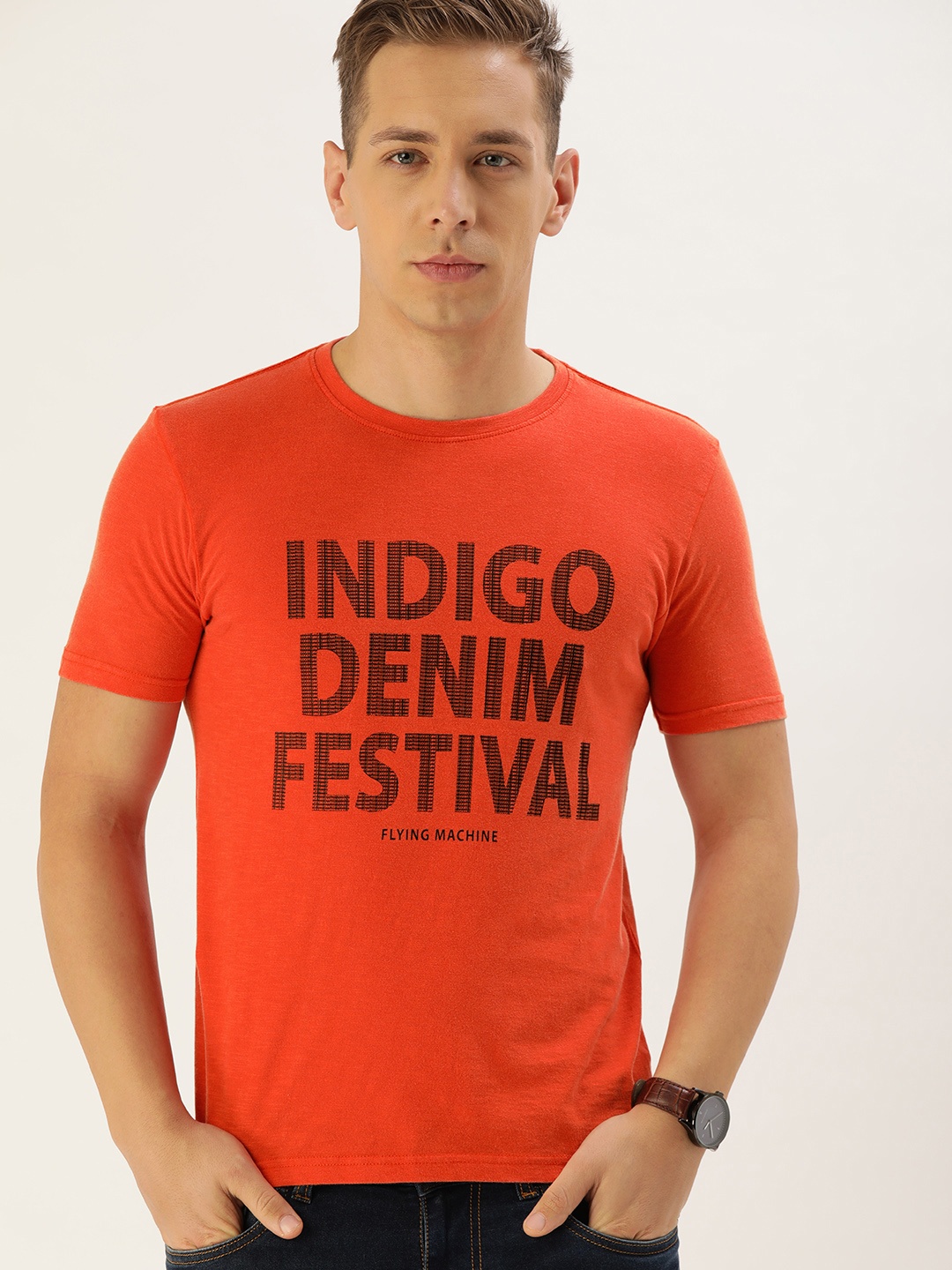 

Flying Machine Men Orange Printed Round Neck Pure Cotton T-shirt