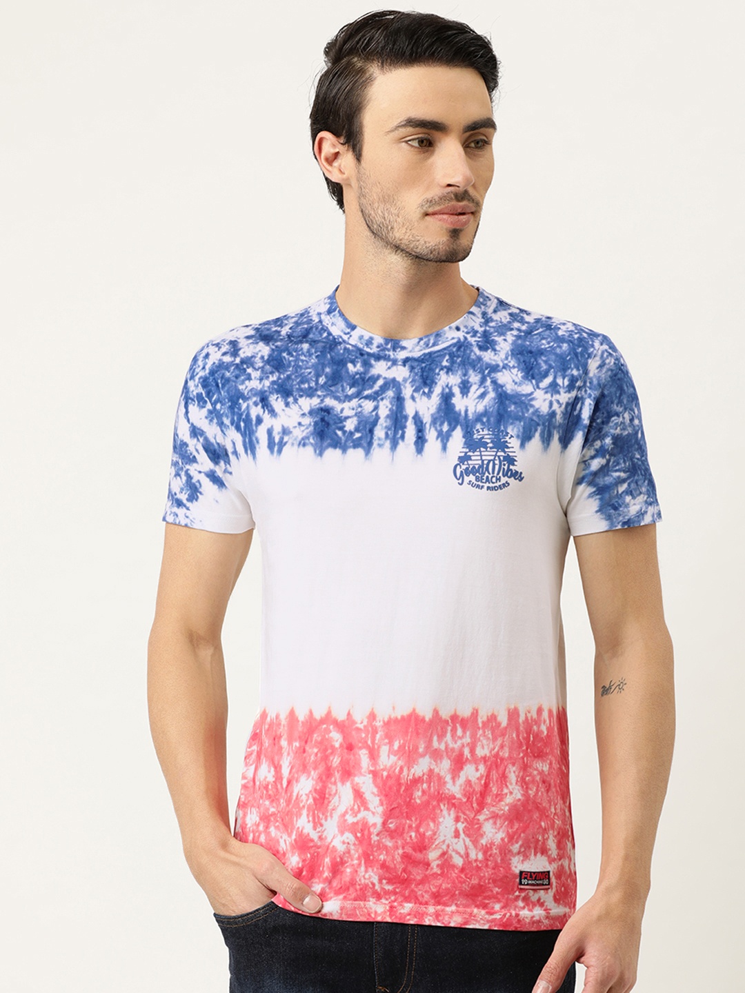 

Flying Machine Men Blue Colourblocked Round Neck Pure Cotton T-shirt