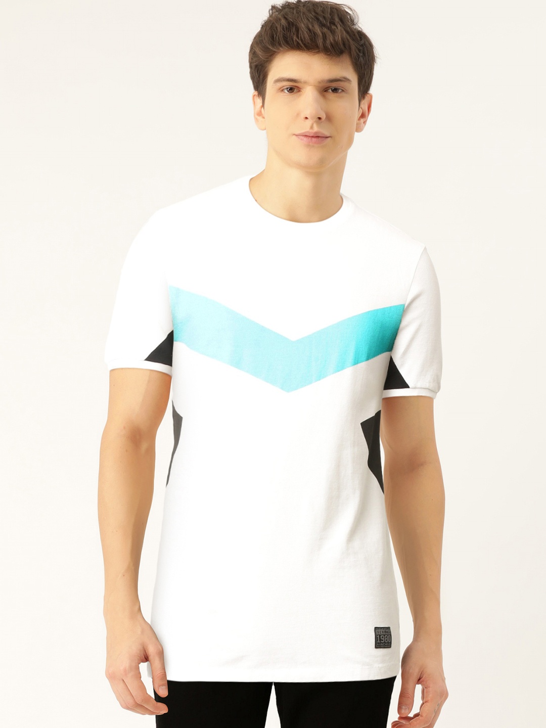 

Flying Machine Men White Blue Solid Pure Cotton T-shirt with Colourblocked Detail