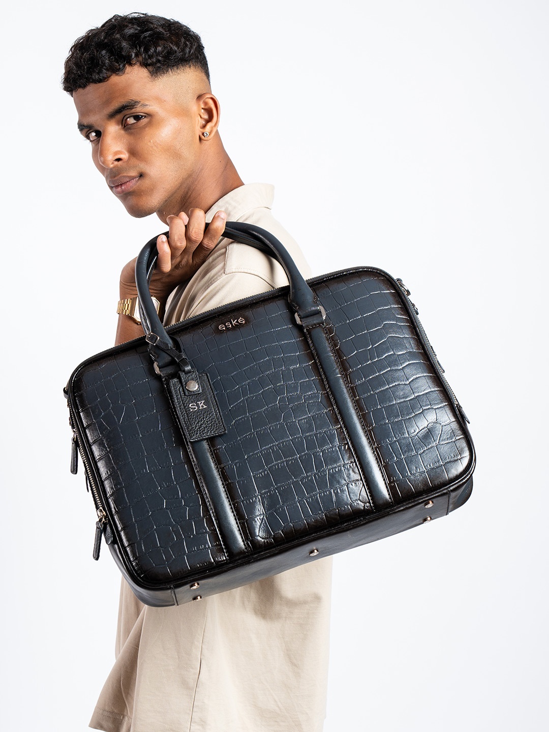 

Eske Stephen Leather Animal Print Upto 16inch Laptop Messenger Bag, Navy blue