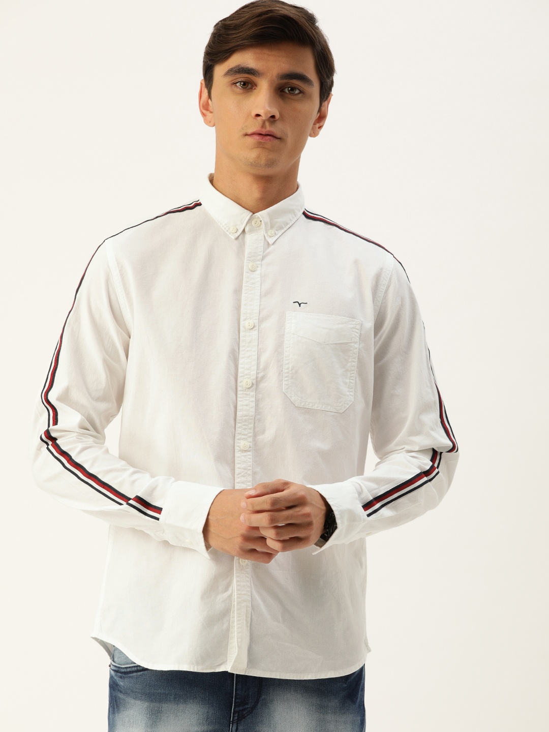 

Flying Machine Men White Slim Fit Solid Casual Shirt with Striped Detailing