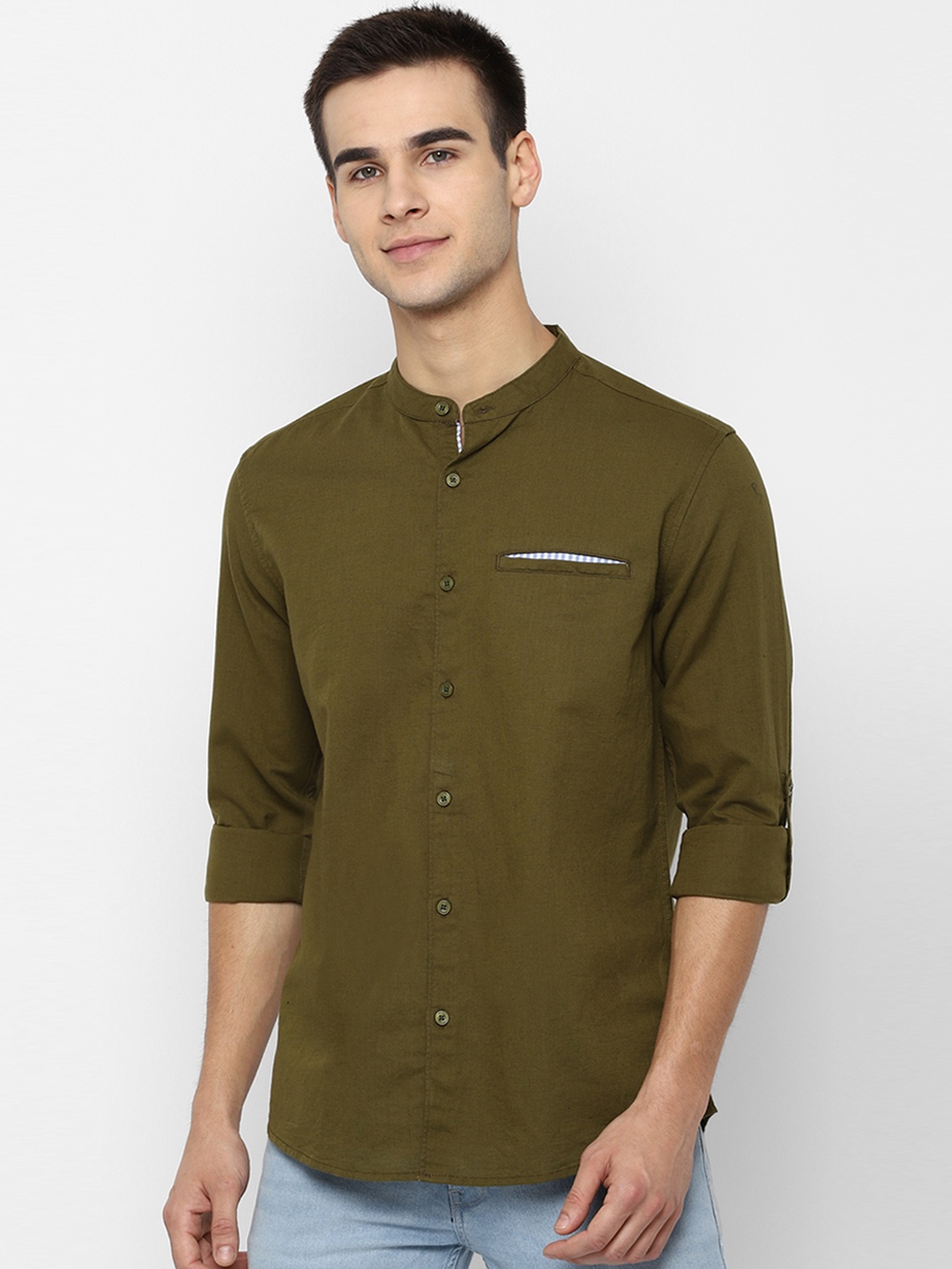 

People Men Olive Green Regular Fit Solid Casual Shirt