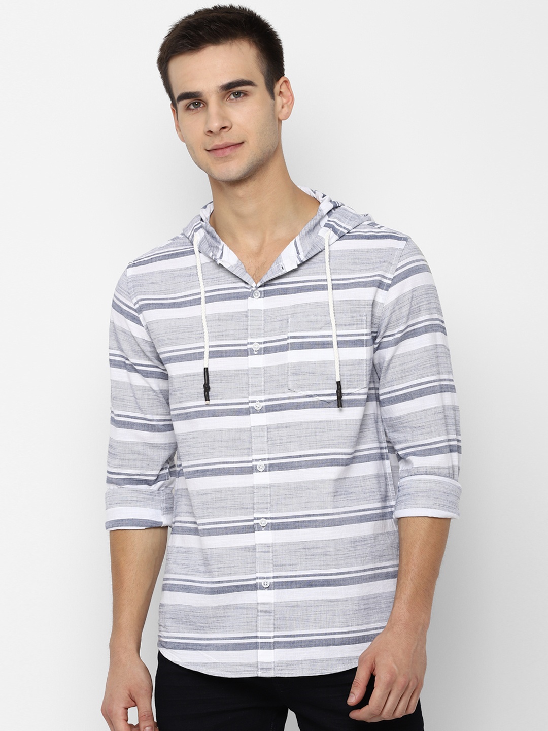 

People Men Blue & White Regular Fit Striped Casual Hooded Shirt