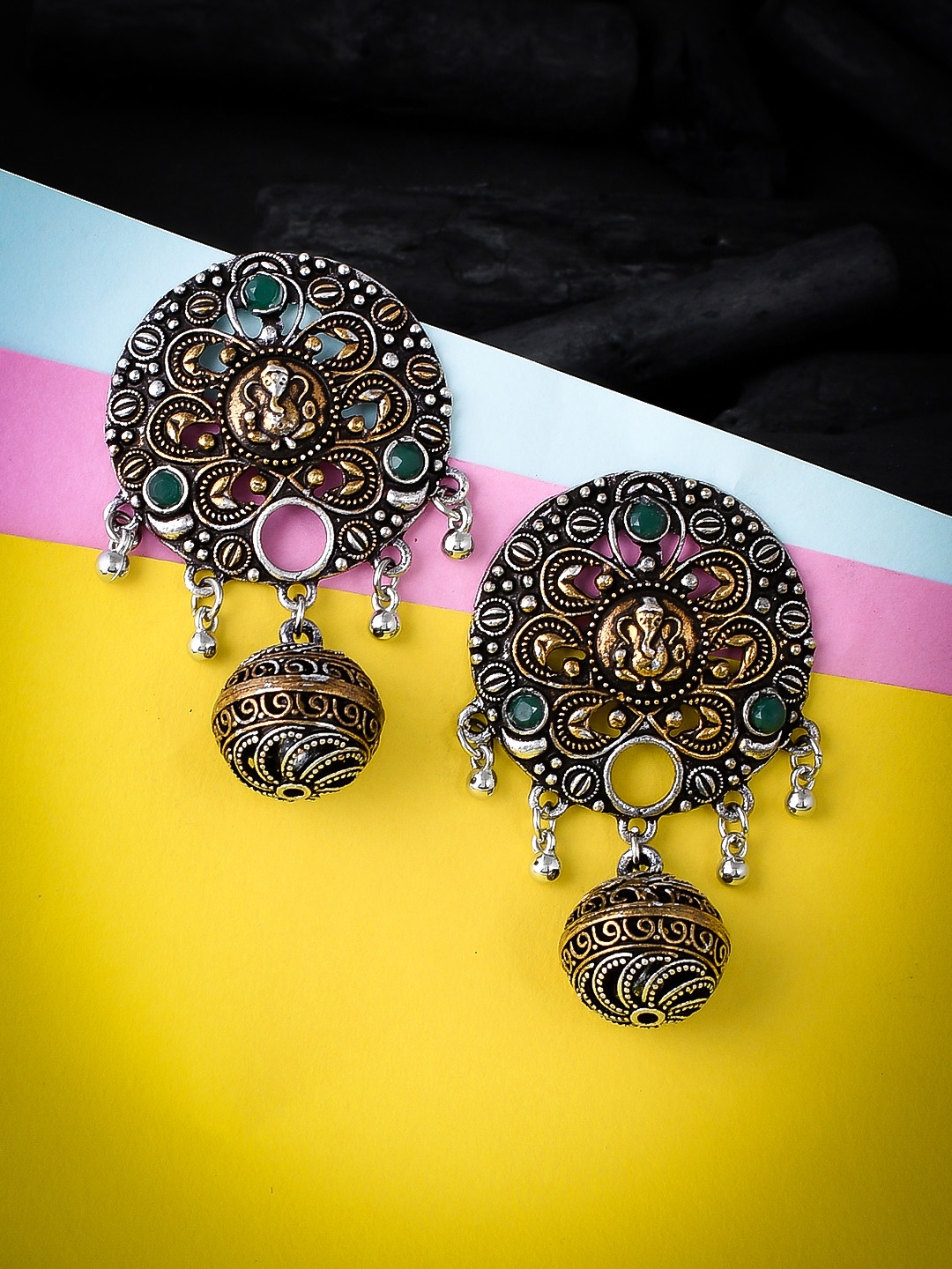 

Silvermerc Designs Green & Silver-Toned Circular Jhumkas