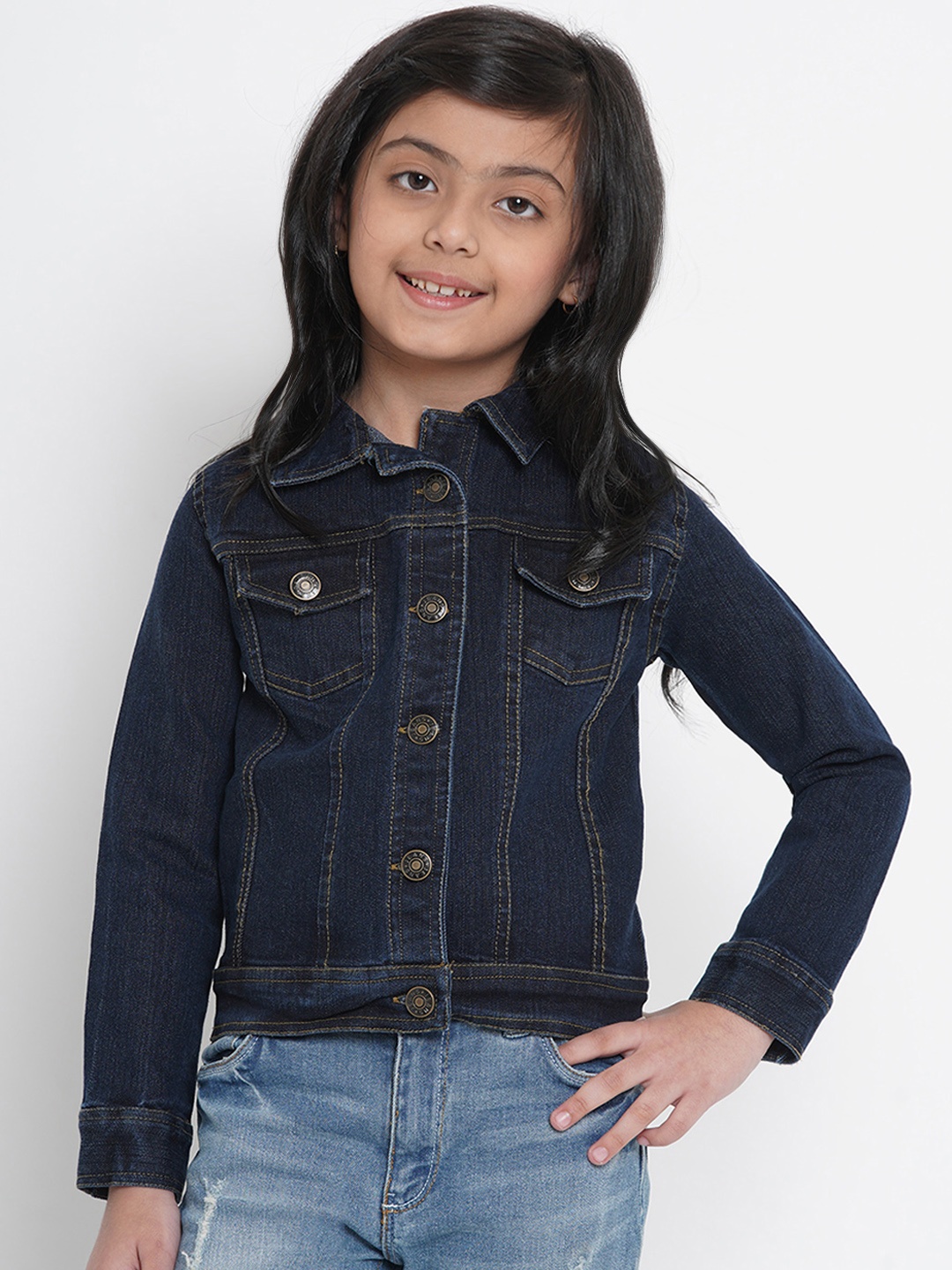 

Bitiya by Bhama Girls Navy Blue Solid Denim Jacket