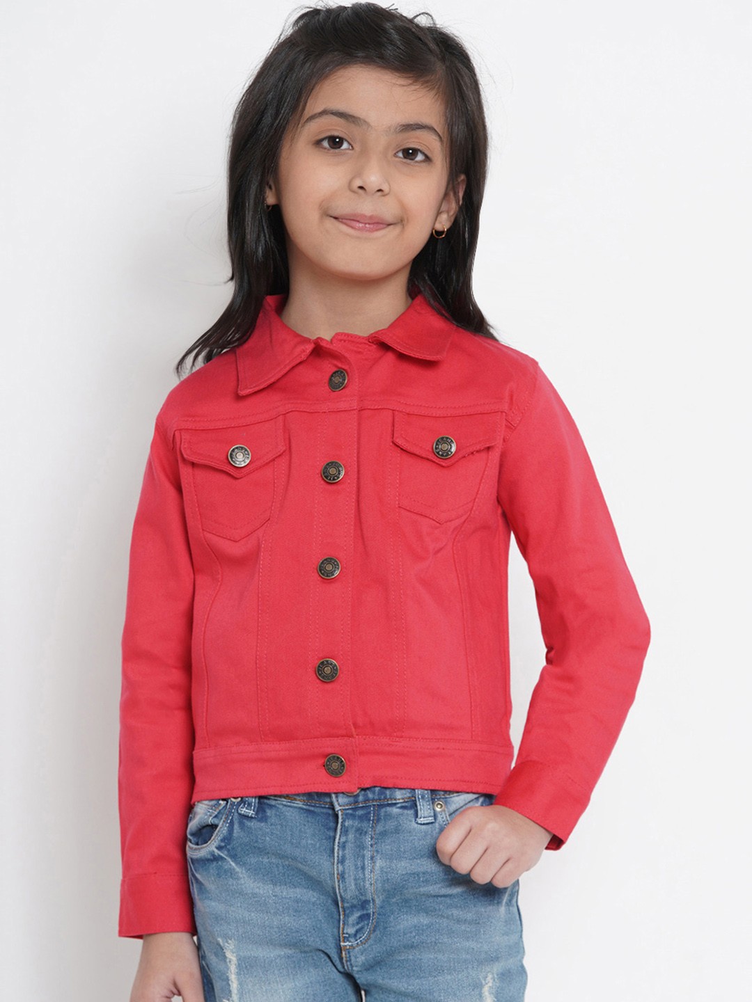 

Bitiya by Bhama Girls Coral Red Solid Denim Jacket