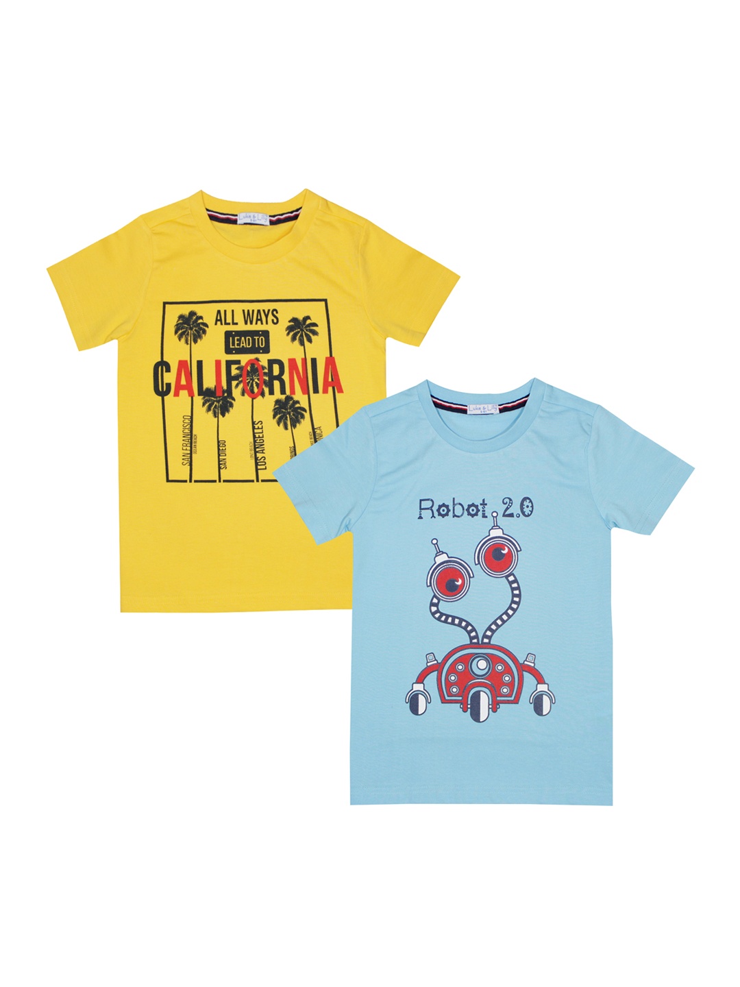 

Luke Lilly Boys Set of 2 Printed Round Neck Pure Cotton T-shirts, Yellow