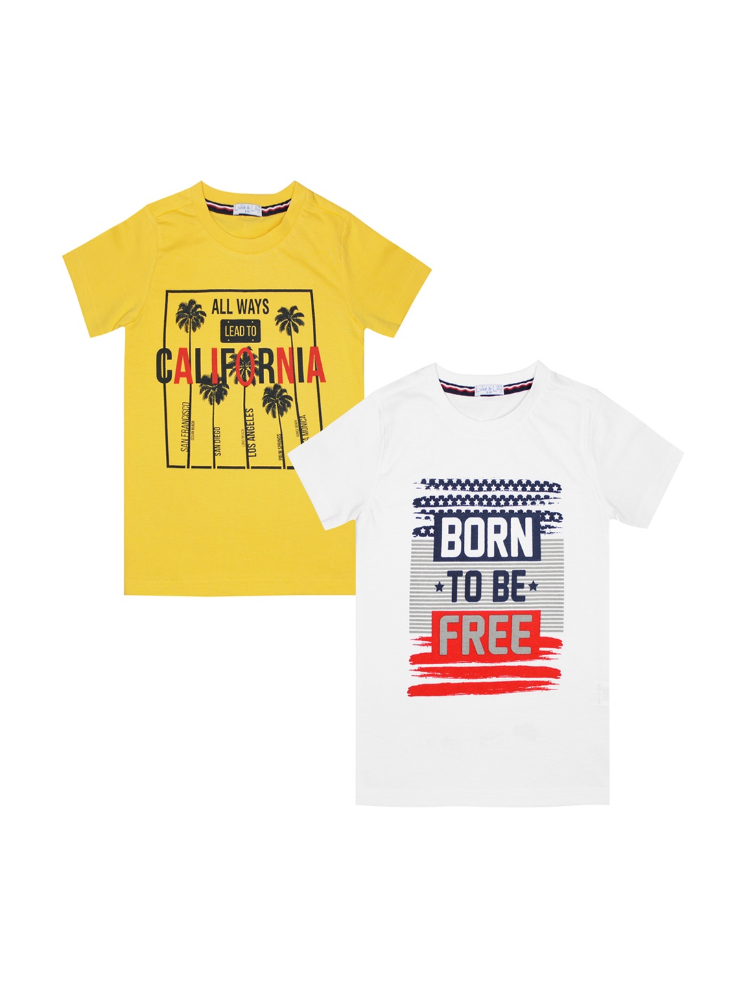 

Luke Lilly Boys Set of 2 Printed Round Neck Pure Cotton T-shirts, Yellow