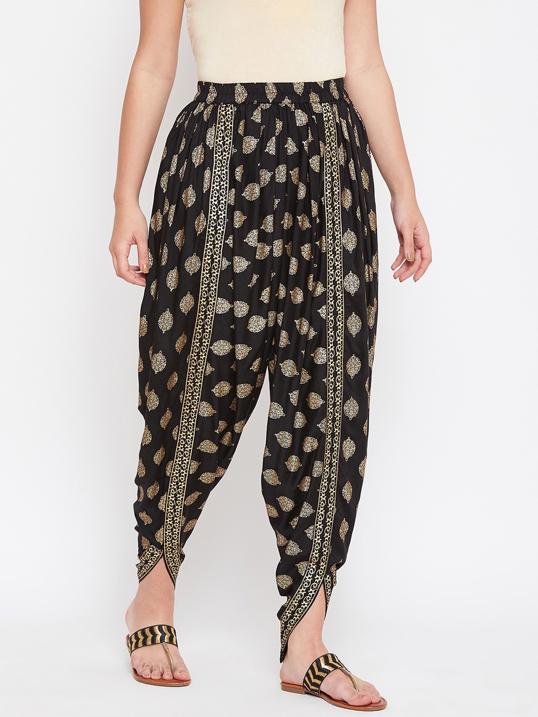 

TULIP 21 Women Black & Gold-Toned Block Printed Dhoti Pants