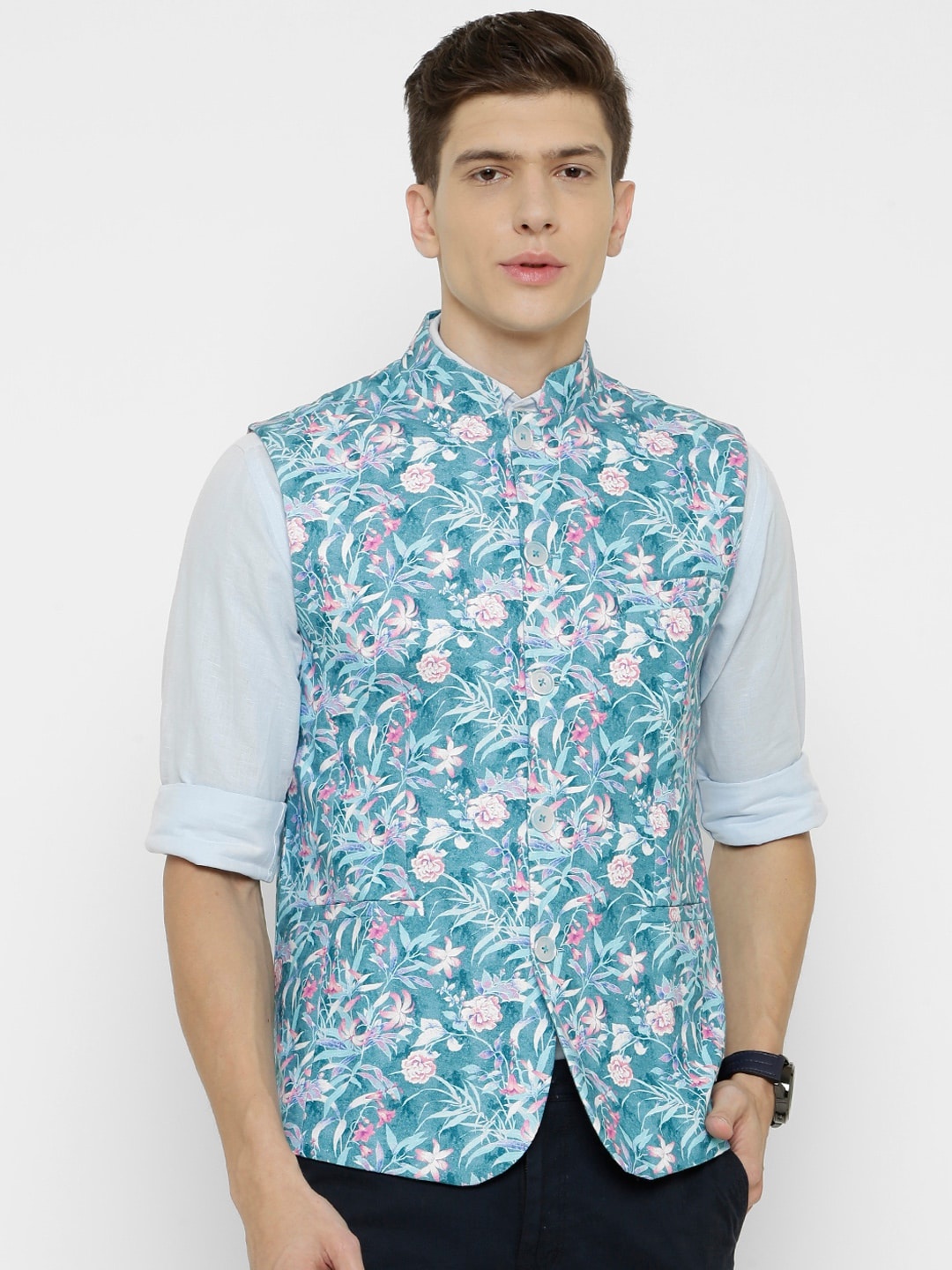 

CAVALLO by Linen Club Men Blue & Pink Floral Digital Printed Sustainable Nehru Jacket