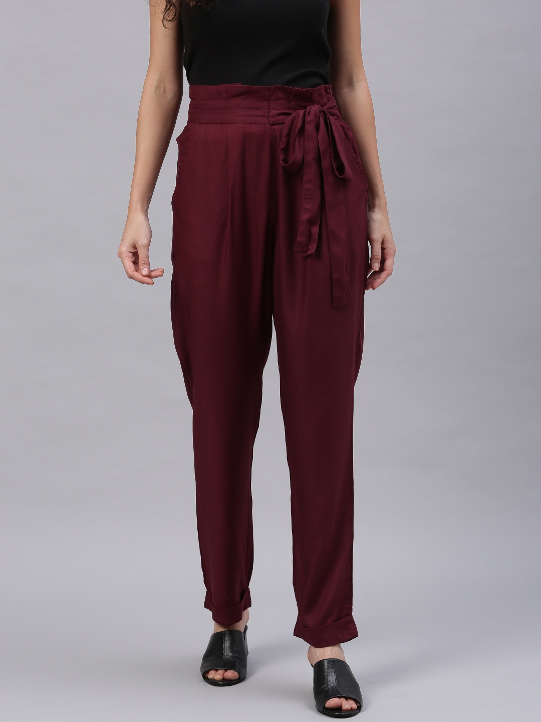

HERE&NOW Women Maroon Regular Fit Solid Regular Trousers With Waist Tie-Up