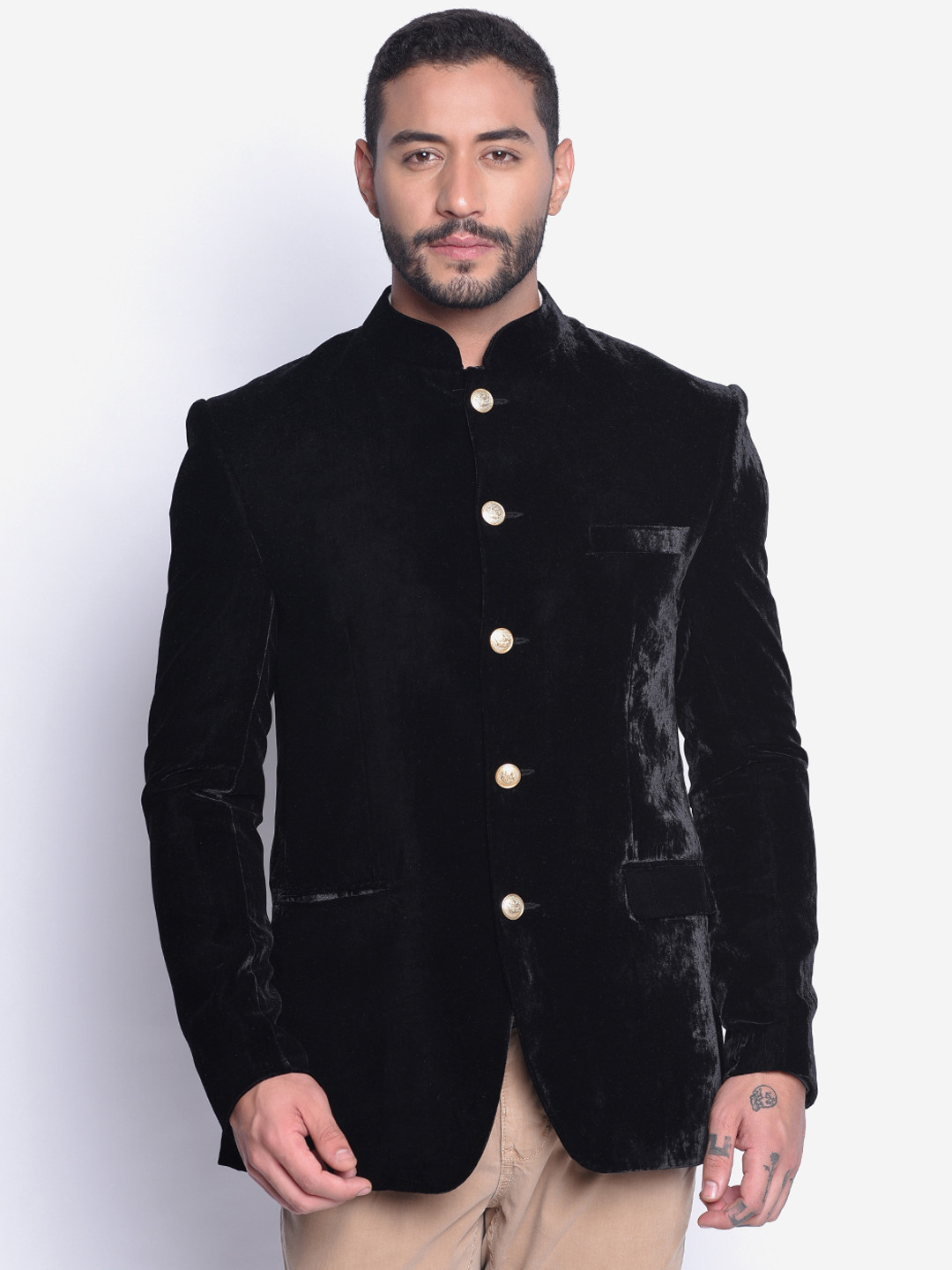 

Blacksmith Men Black Solid Velvet Ethnic Blazer