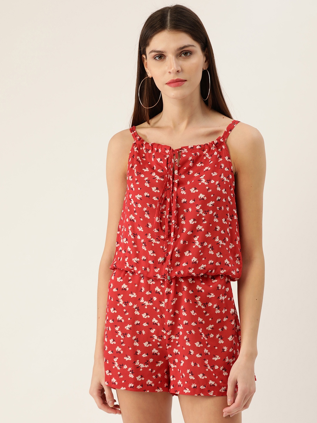 

QUIERO Women Red & White Floral Printed Playsuit