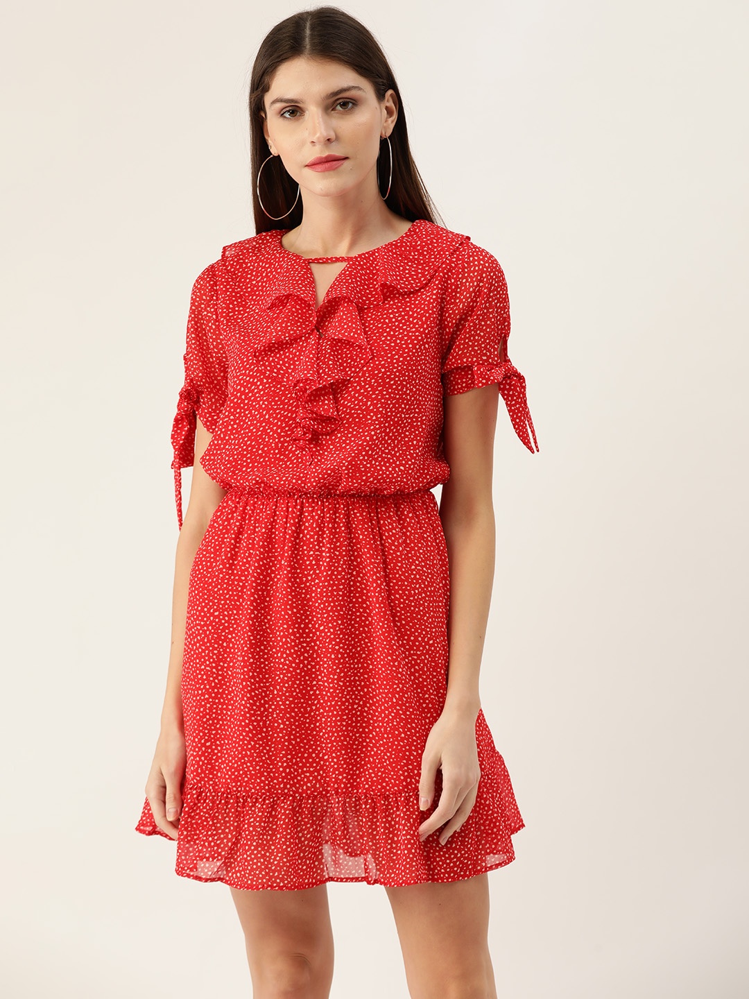 

QUIERO Women Red & White Printed Ruffled Blouson Dress