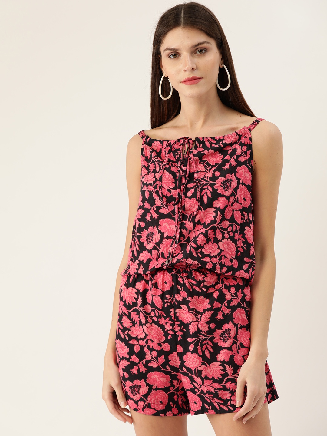 

QUIERO Women Pink & Black Floral Printed Playsuit