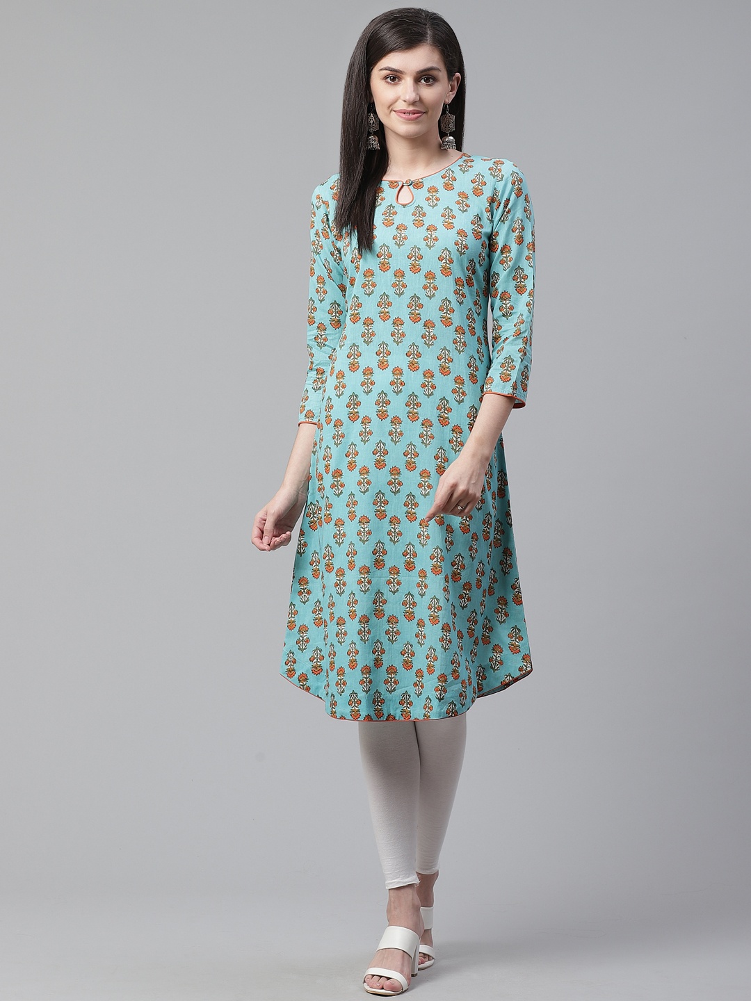 

AHIKA Women Blue & Orange Printed A-Line Kurta