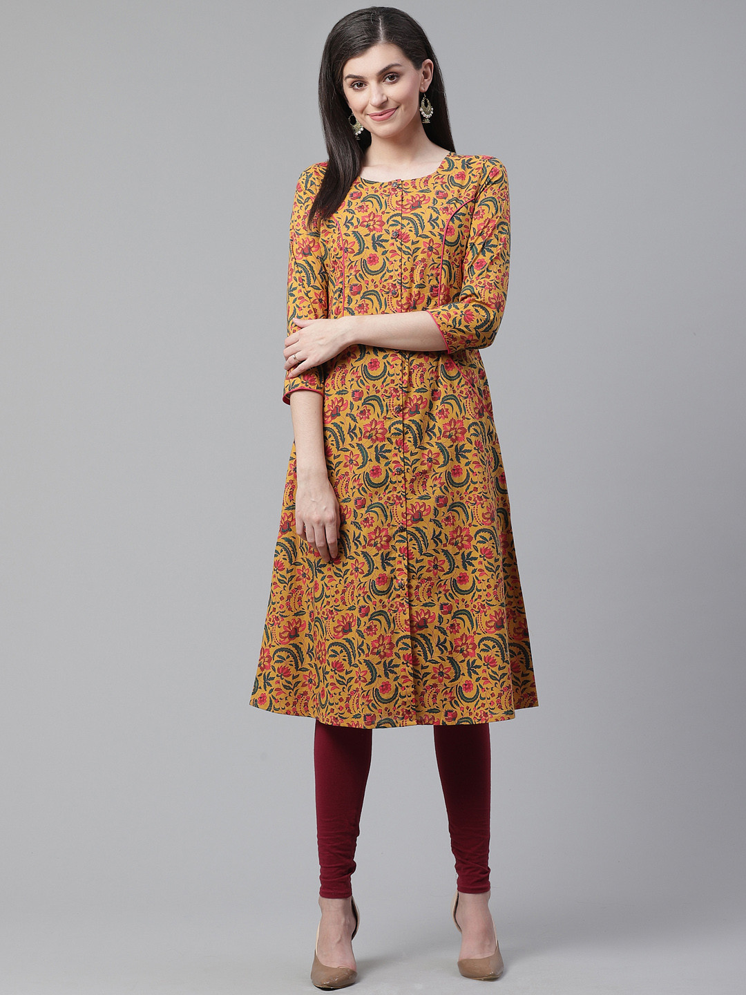 

AHIKA Women Mustard Yellow & Green Floral Print A-Line Kurta