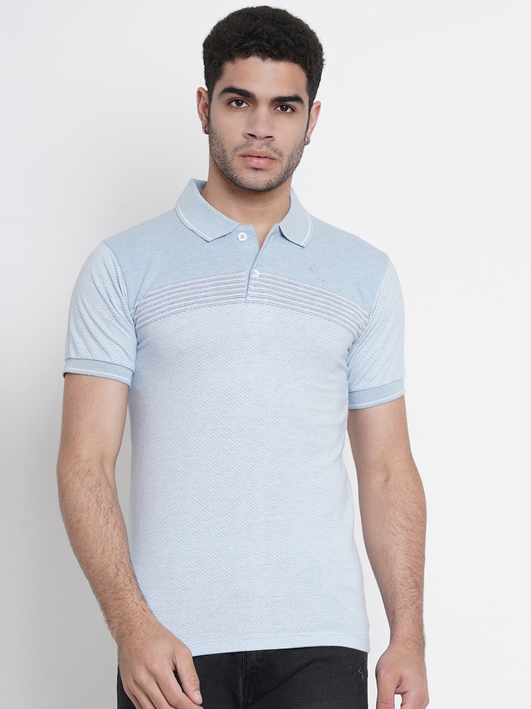 

Dais Men Blue Striped Polo Collar T-shirt