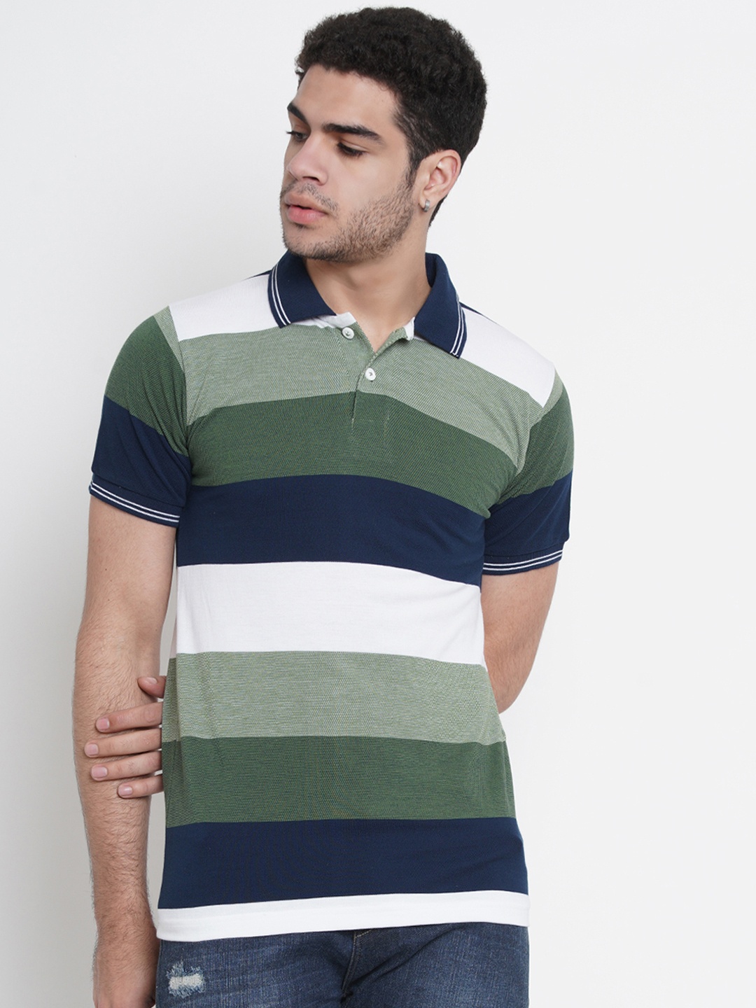 

Dais Men Green Striped Polo Collar T-shirt