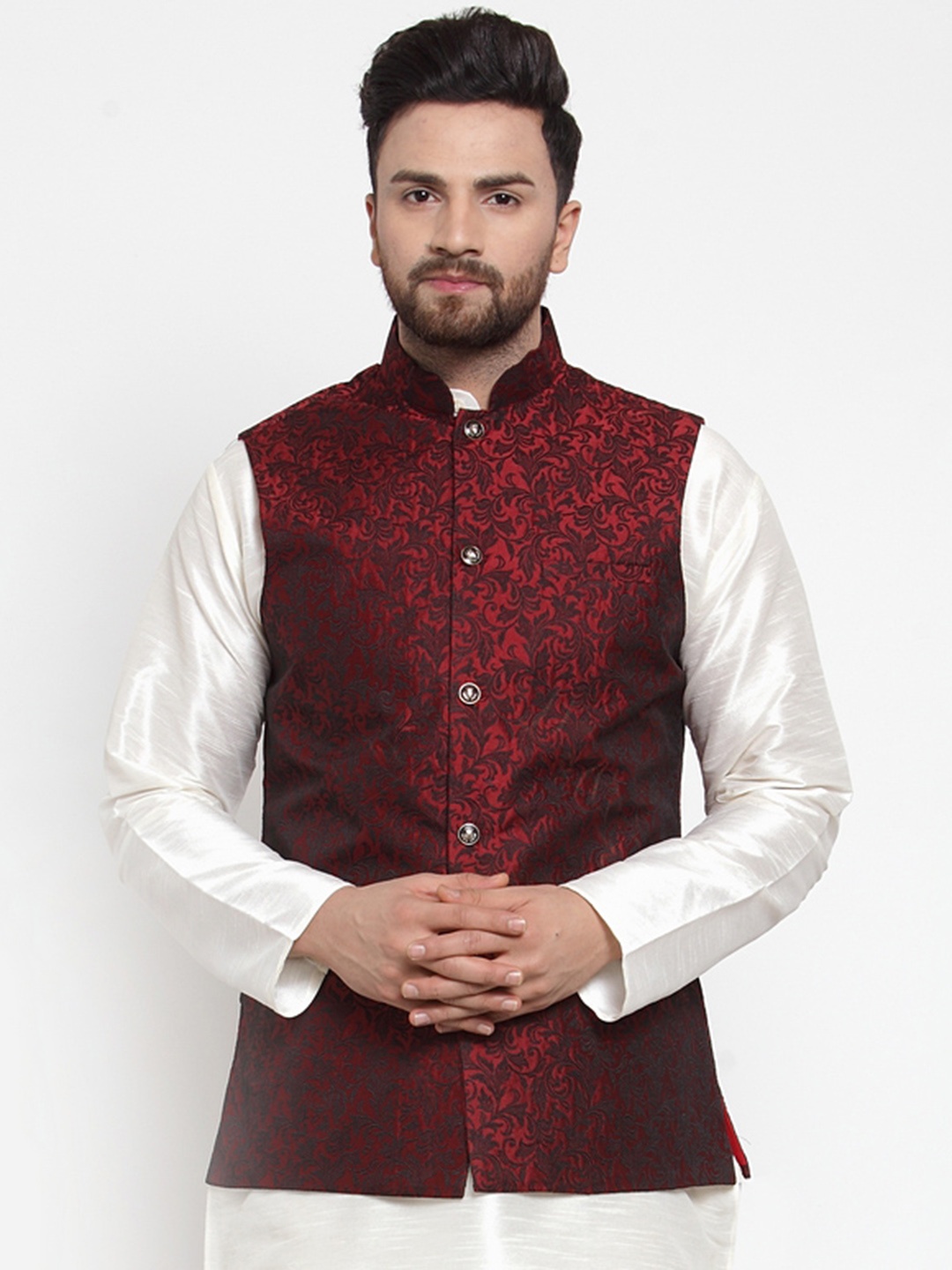 

Jompers Men Maroon Floral Woven Design Nehru Jacket