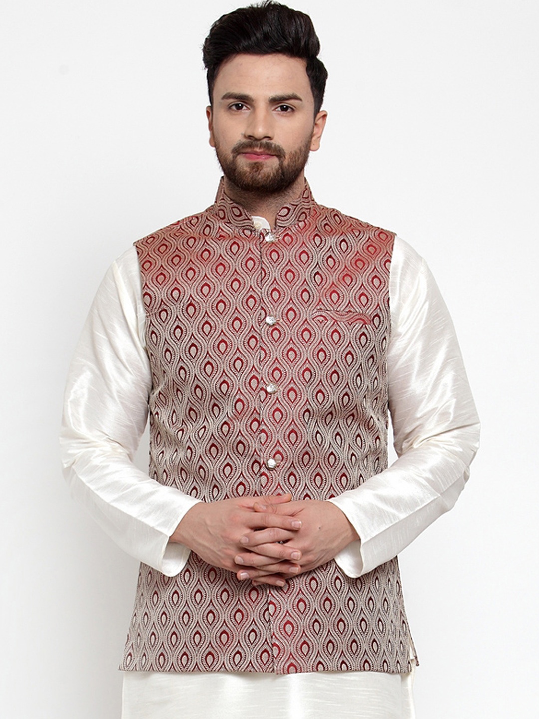 

Jompers Men Maroon Woven Design Nehru Jacket