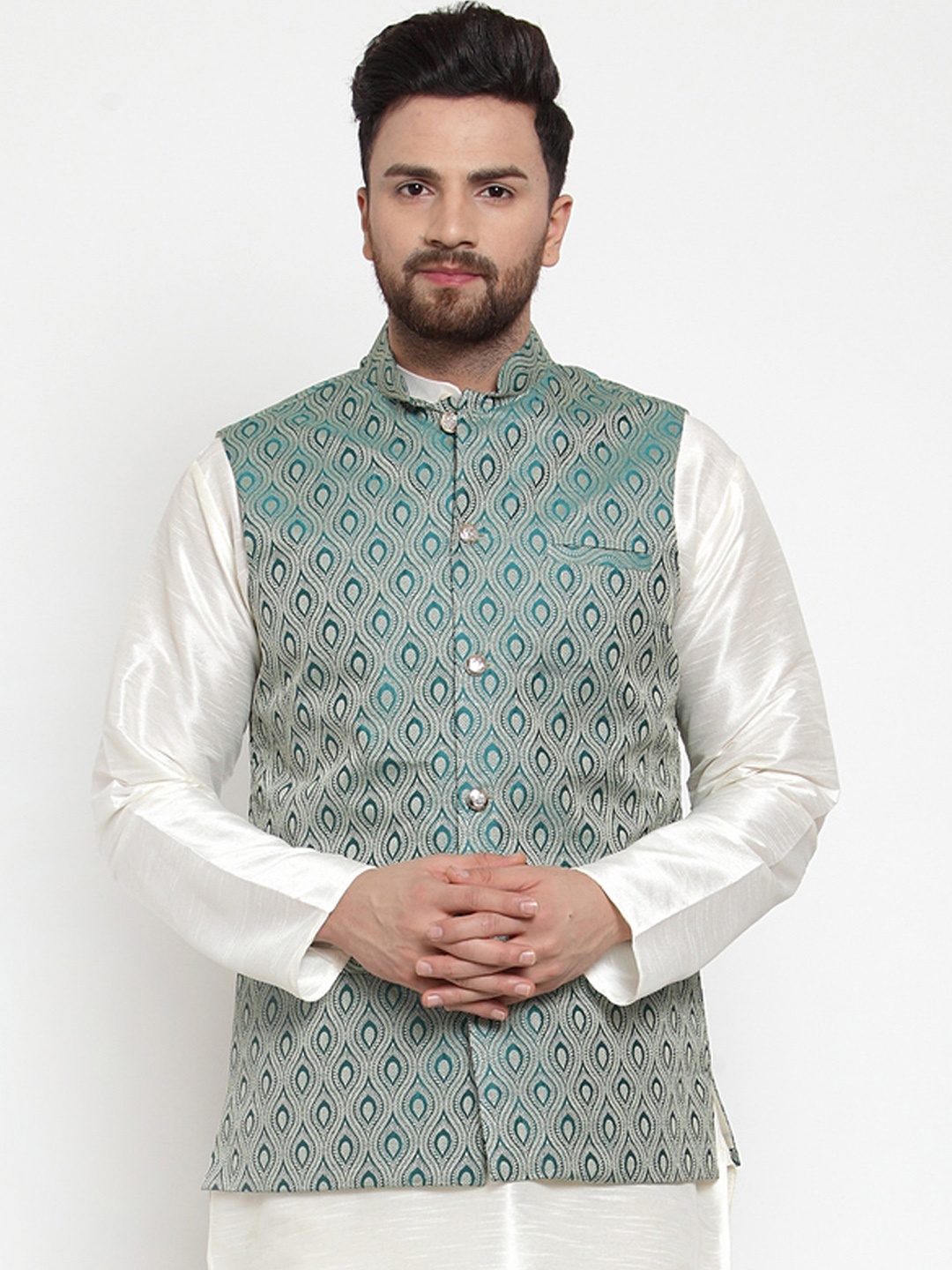 

Jompers Men Green Woven Design Nehru Jacket