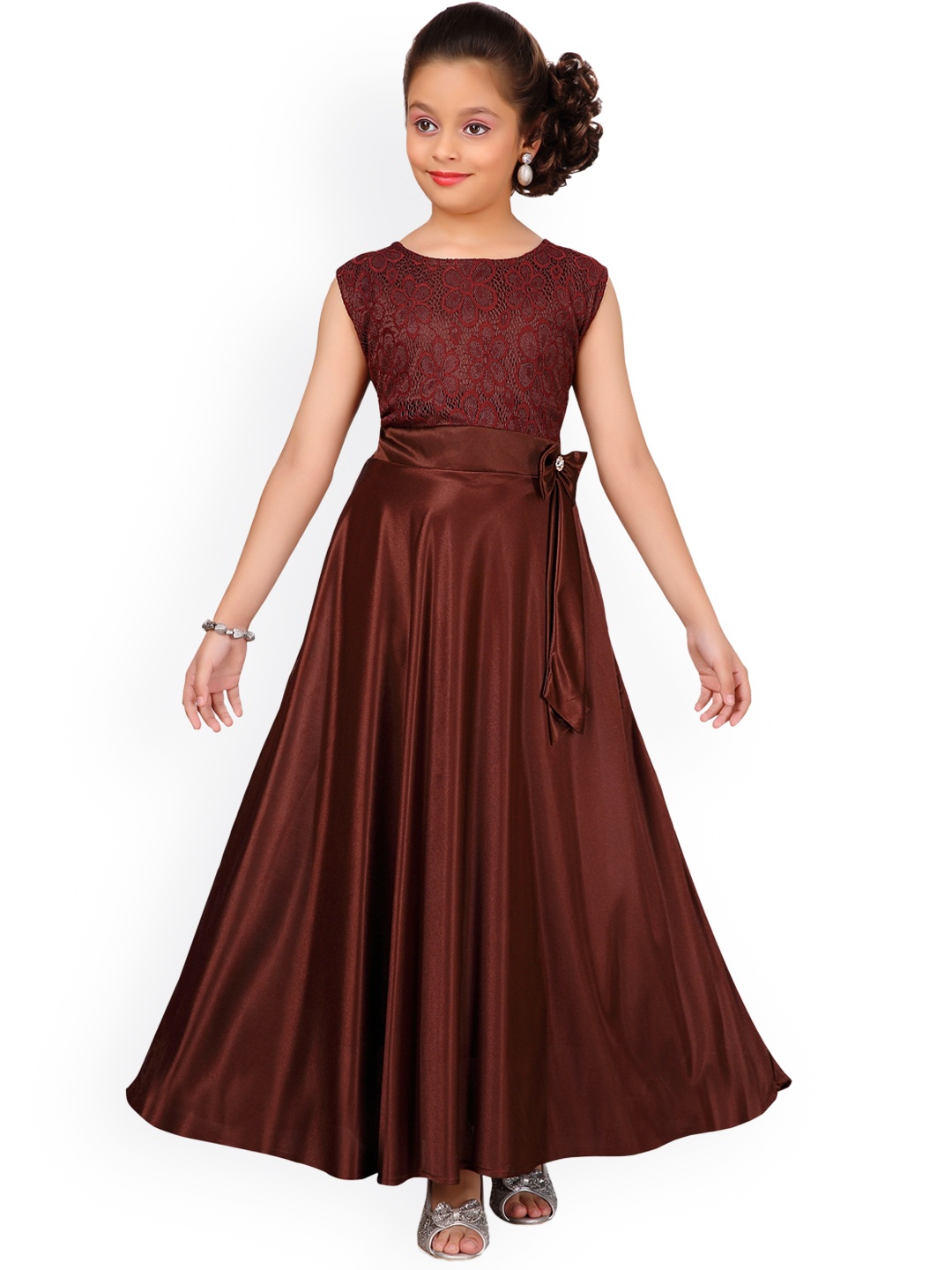 

Aarika Girls Brown Self Design Maxi Dress