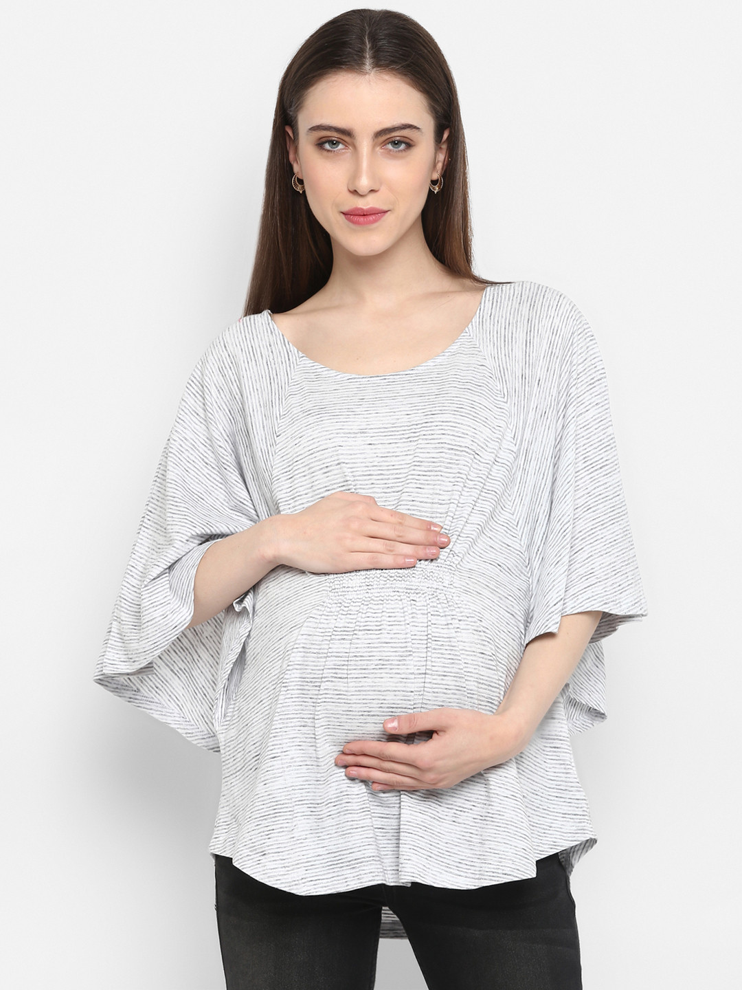 

Momsoon Maternity Women White Striped A-Line Pure Cotton Top