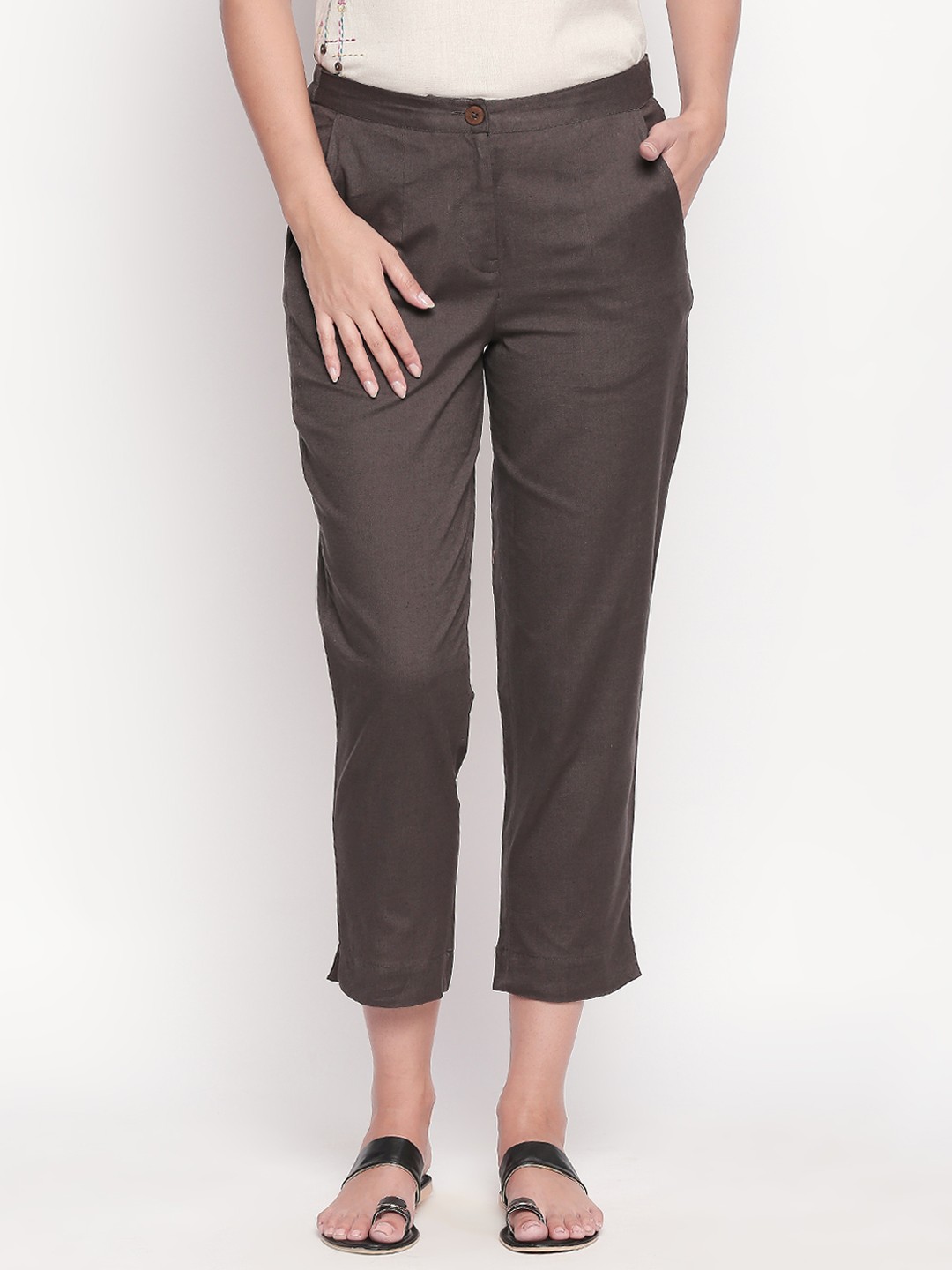 

AKKRITI BY PANTALOONS Women Taupe Regular Fit Solid Peg Trousers