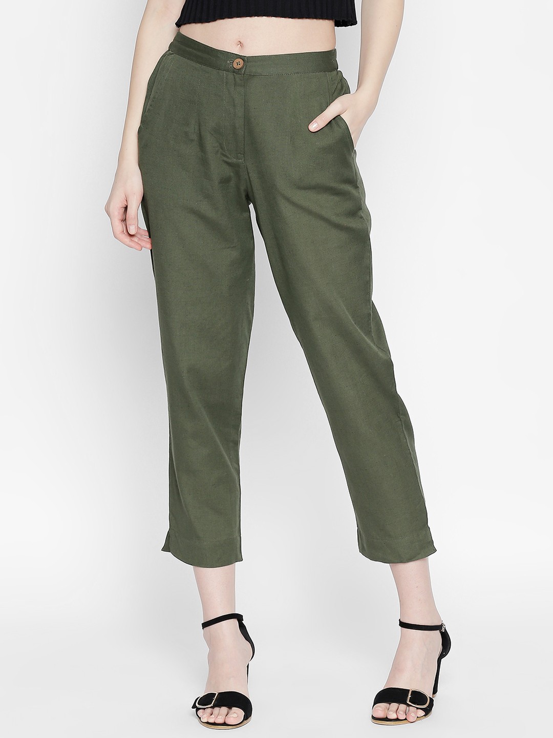 

AKKRITI BY PANTALOONS Women Olive Green Regular Fit Solid Peg Trousers