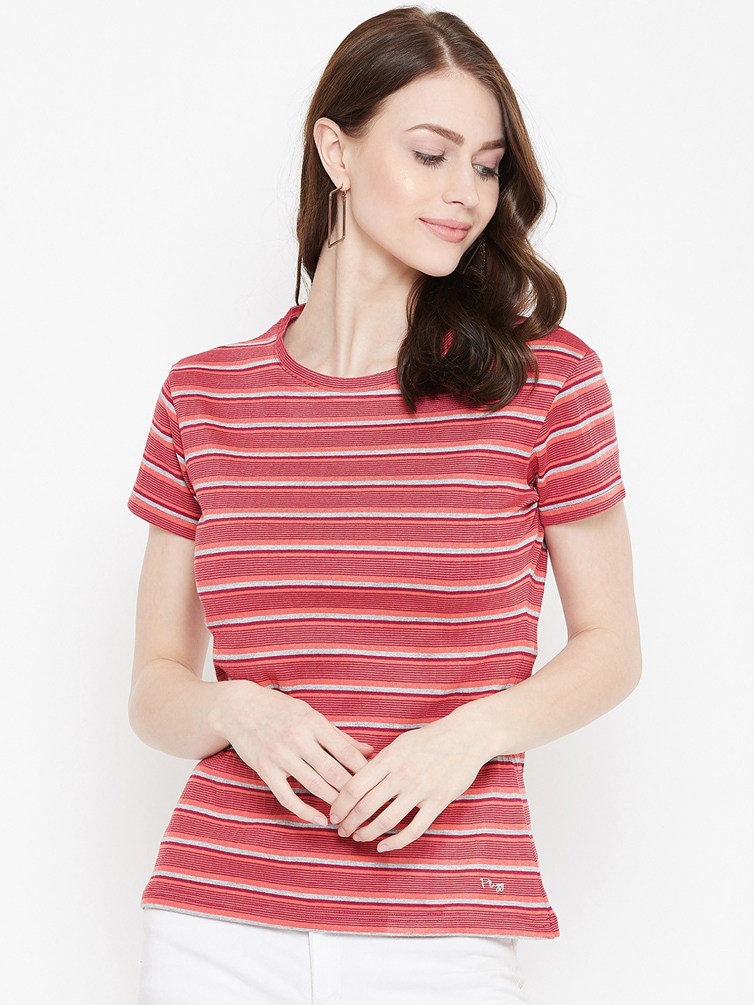 

Plagg Women Red Striped Round Neck T-shirt