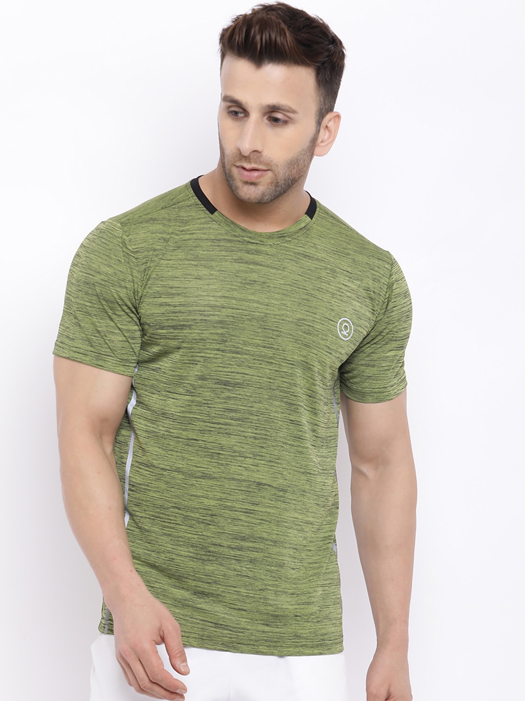 

Chkokko Men Olive Green Striped Round Neck T-shirt