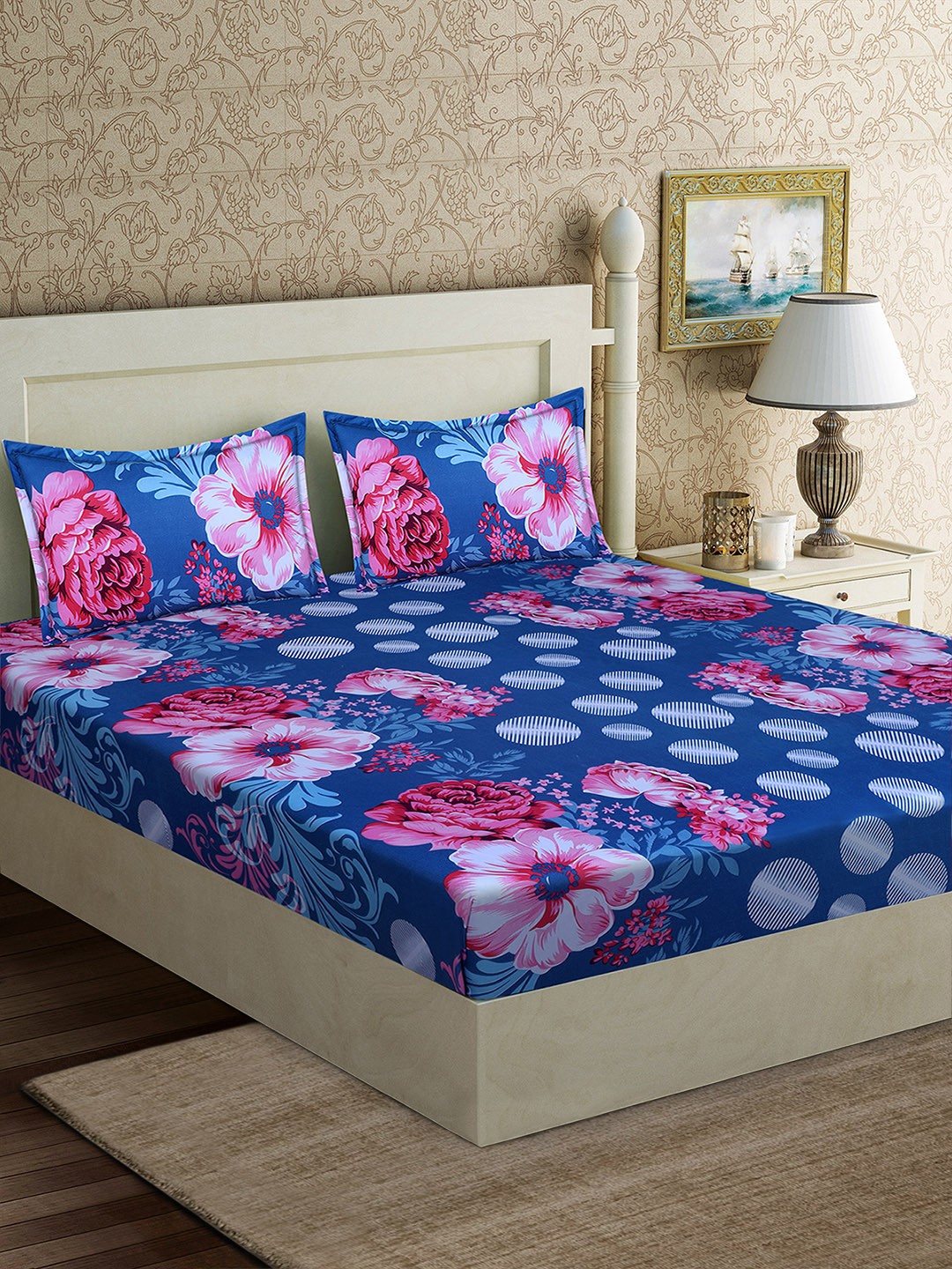 

Good Homes by Home Candy Blue & Pink Floral 152 TC Polyester 1 Queen Bedsheet with 2 Pillow Covers