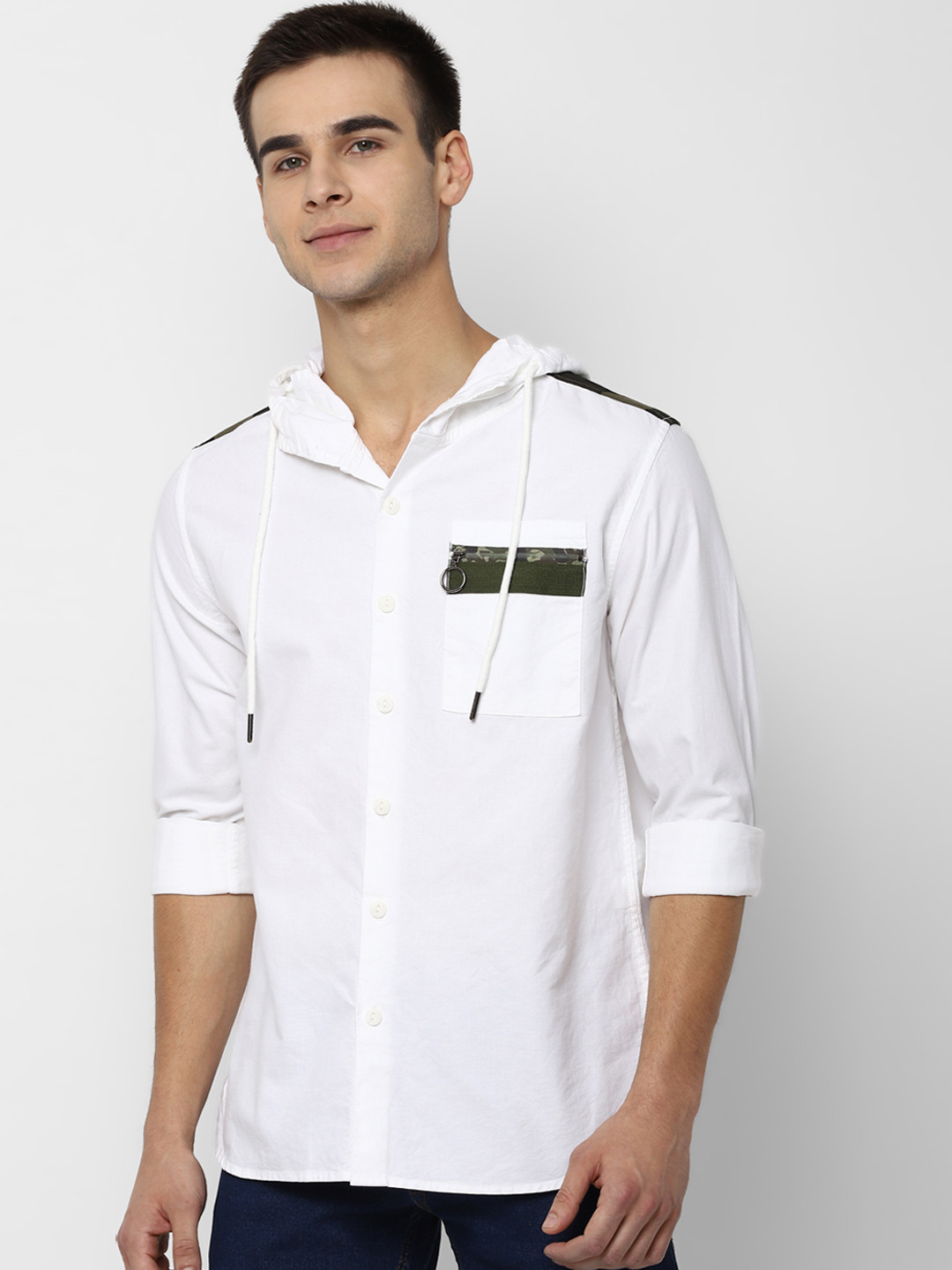 

People Men White Regular Fit Solid Hooded Casual Shirt