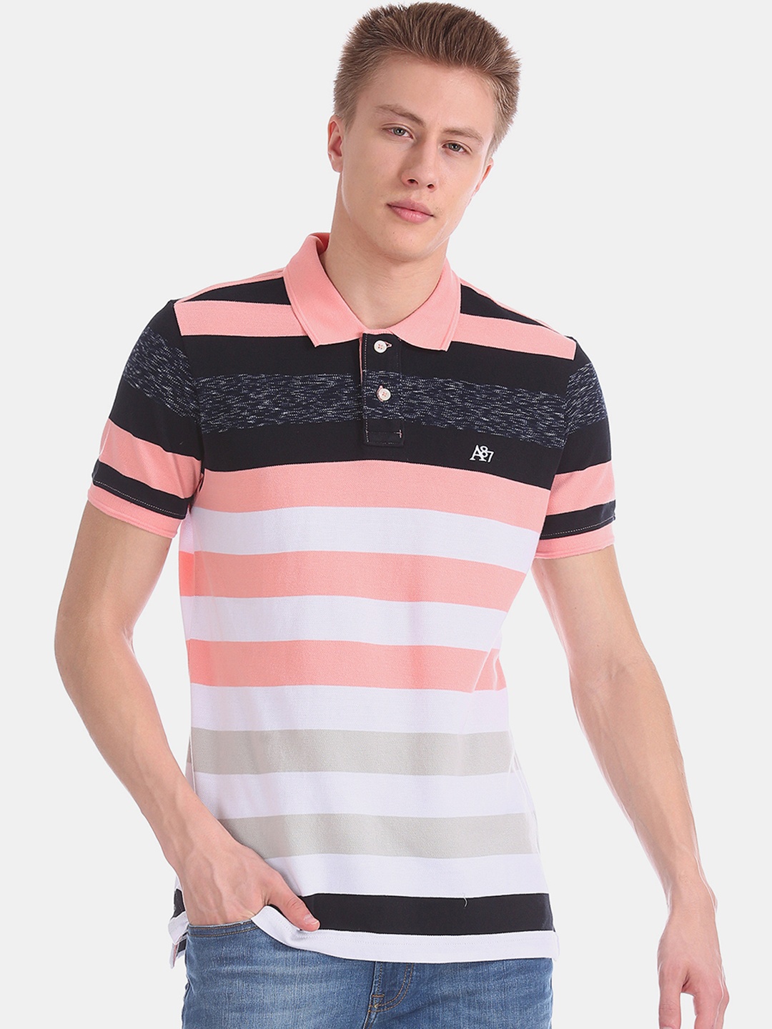 

Aeropostale Men Pink Striped Polo Collar Pure Cotton T-shirt