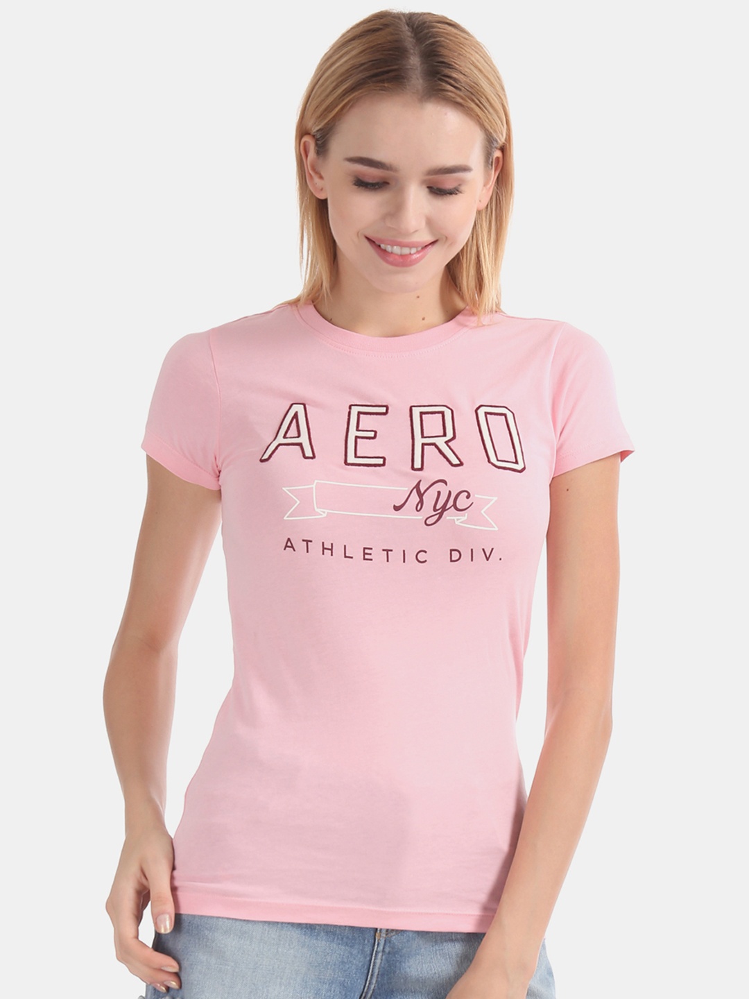 

Aeropostale Women Pink Embroidered Round Neck Pure Cotton T-shirt
