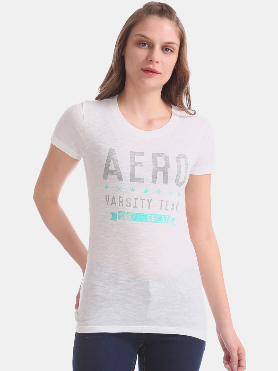 

Aeropostale Women White Printed Round Neck T-shirt