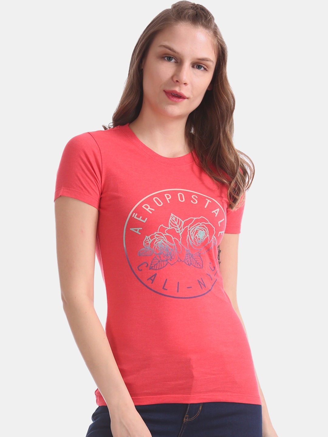 

Aeropostale Women Red Printed Round Neck T-shirt