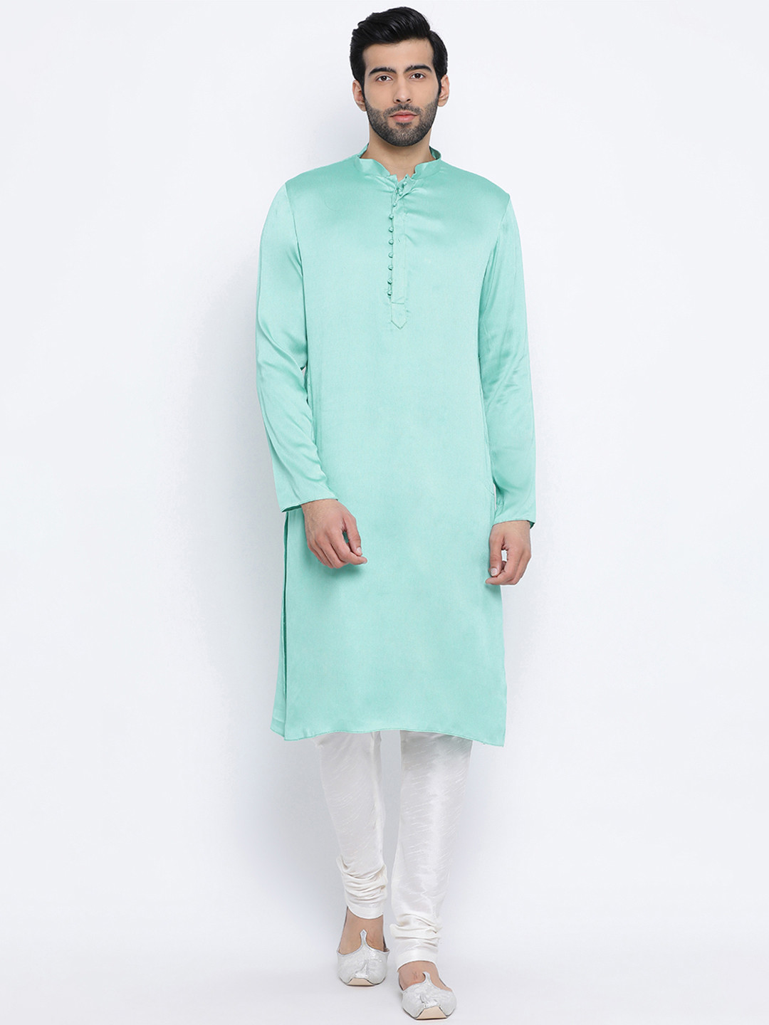 

NAMASKAR Men Blue & Off-White Solid Rayon Kurta with Churidar