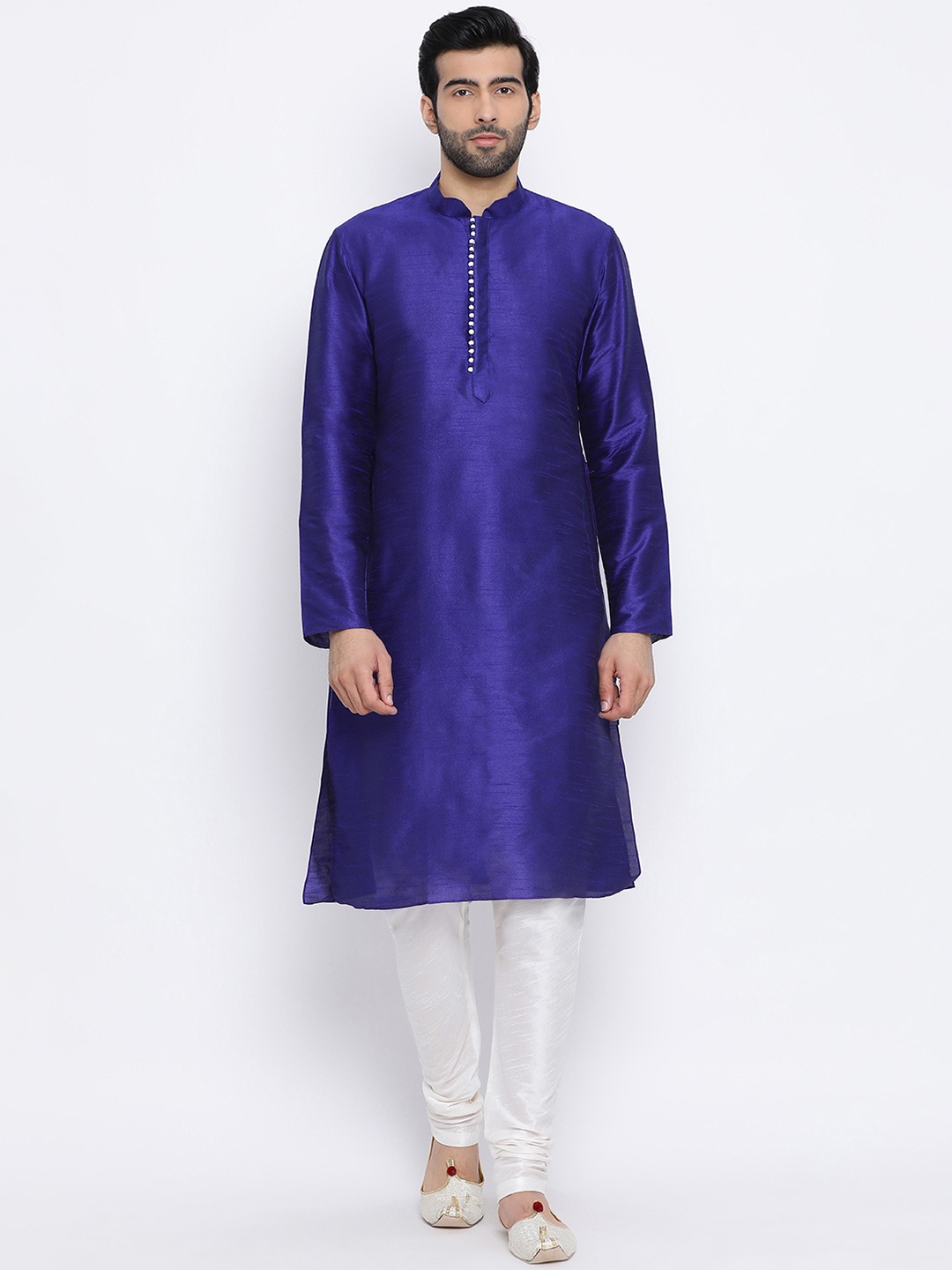 

NAMASKAR Men Blue & Off-White Solid Kurta with Churidar
