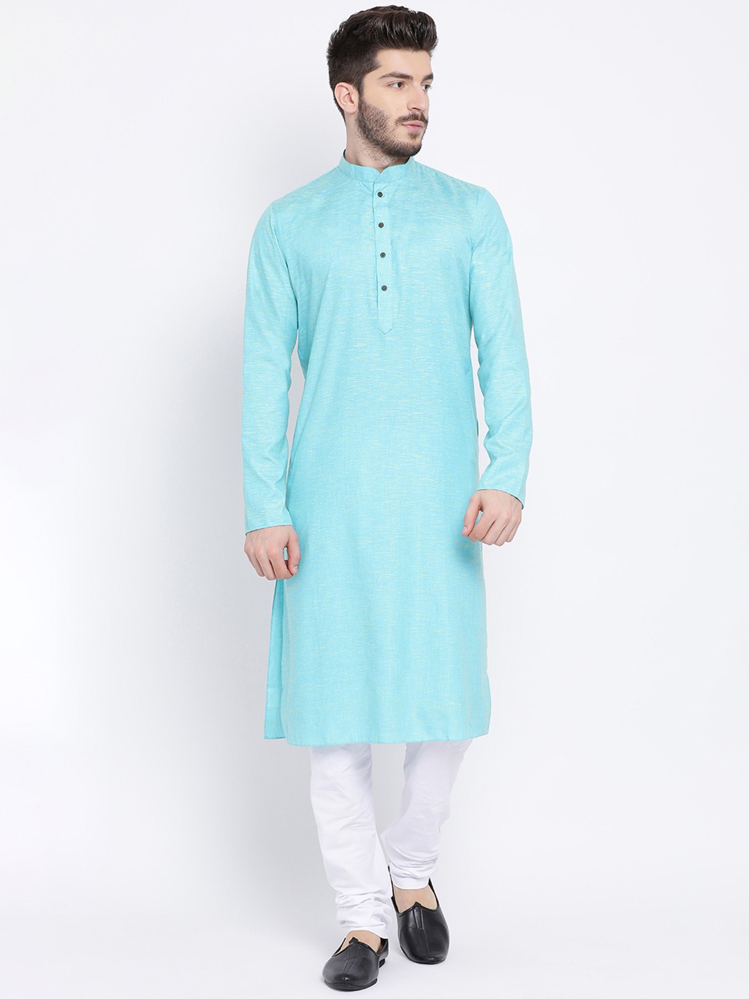 

NAMASKAR Men Blue & Blue Solid Cotton Kurta with Churidar