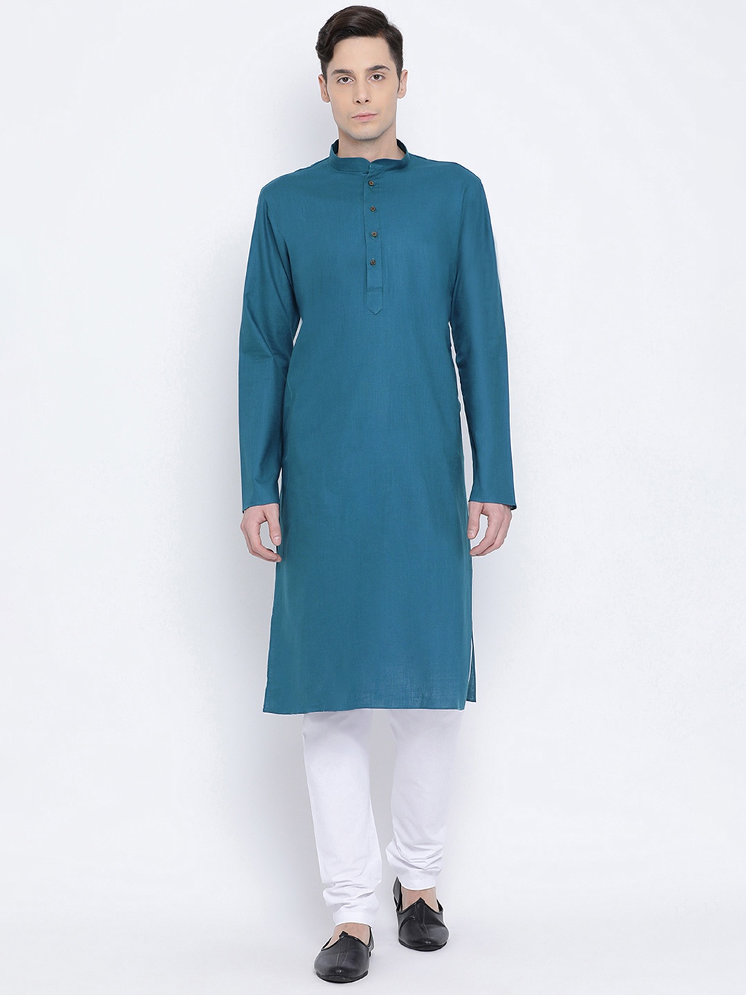 

NAMASKAR Men Teal Blue & White Cotton Solid Kurta with Churidar