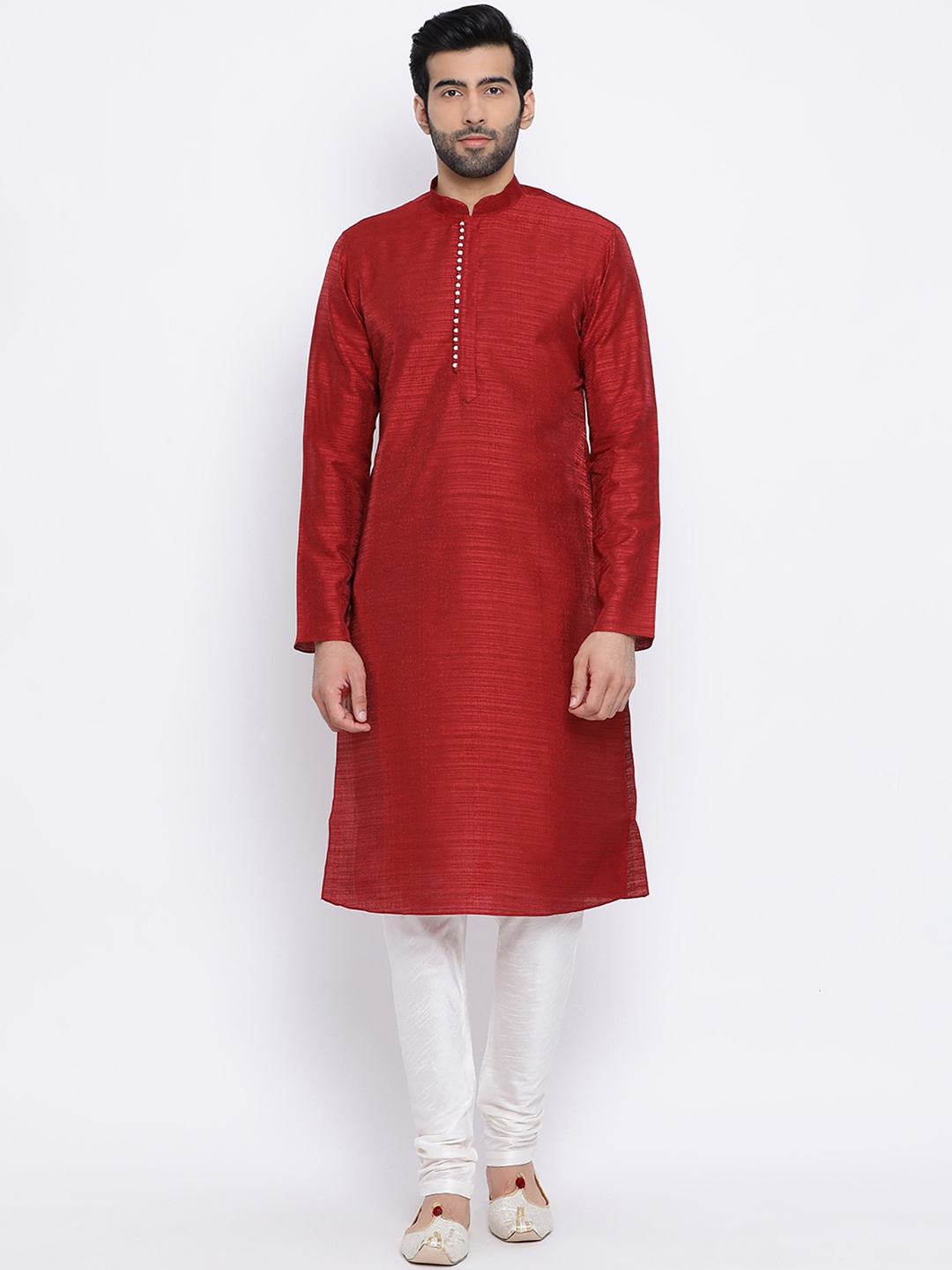 

NAMASKAR Men Maroon & Off-White Solid Kurta with Churidar