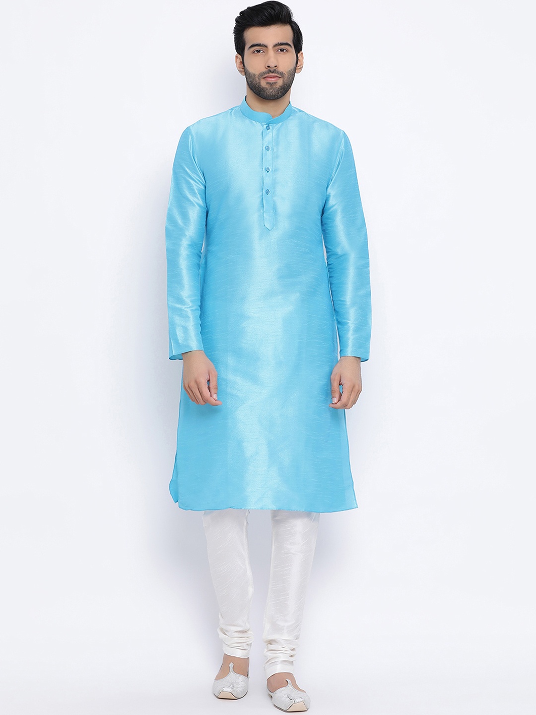 

NAMASKAR Men Blue Solid Dupion Silk Straight Kurta