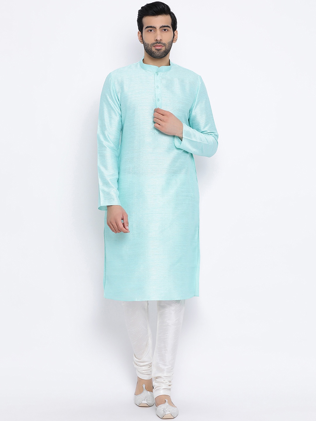 

NAMASKAR Men Turquoise Blue Solid Straight Kurta