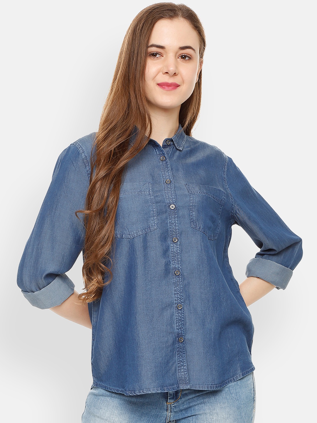 

People Women Blue Regular Fit Solid Casual Denim Shirt