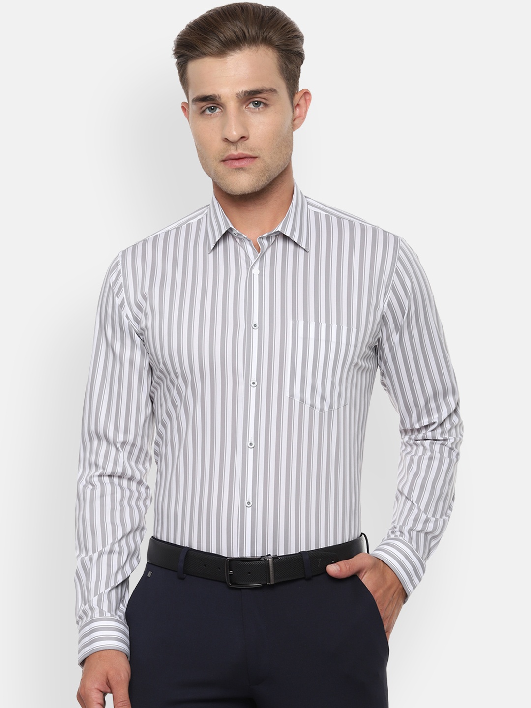 

Van Heusen Men Grey & White Slim Fit Striped Formal Shirt