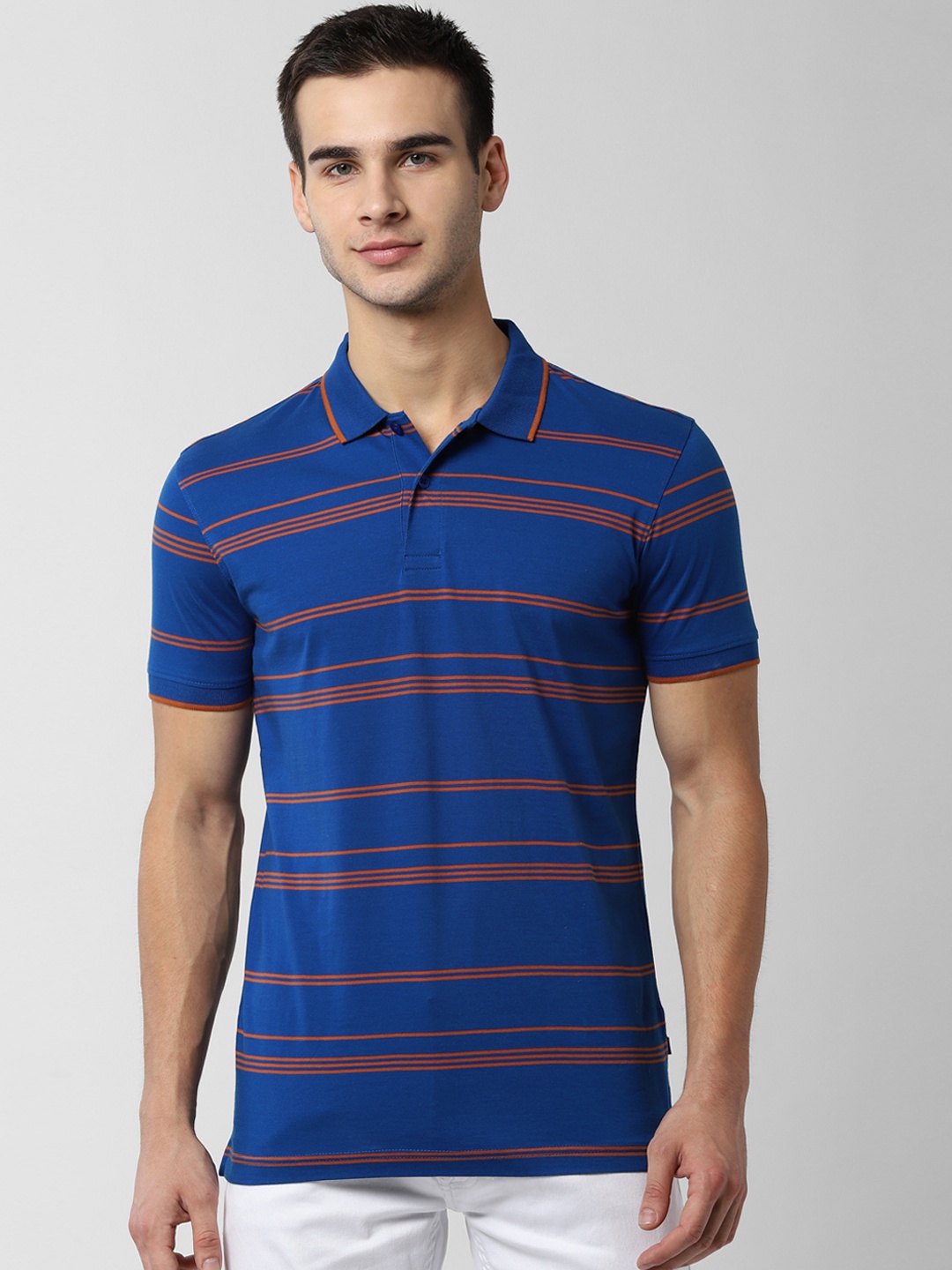 

Peter England Casuals Men Blue Striped Polo Collar Slim Fit Pure Cotton T-shirt