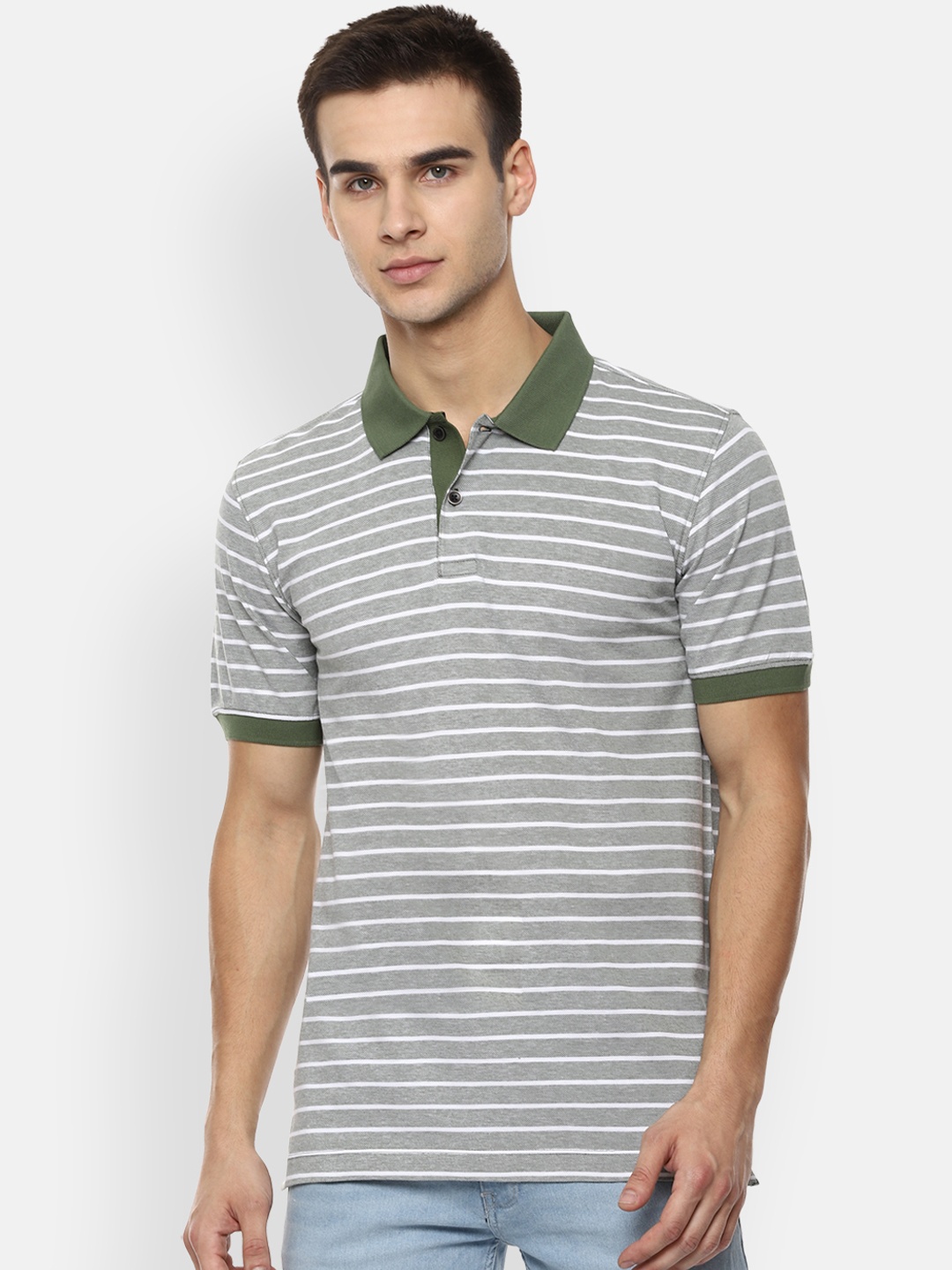 

Van Heusen Men Green Striped Polo Collar Pure Cotton T-shirt